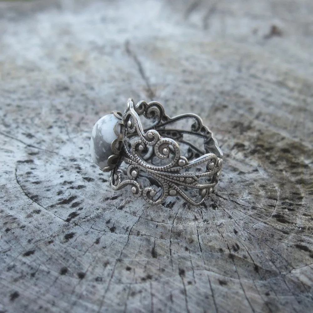 Filigree Ring - White Howlite Stone and Silver