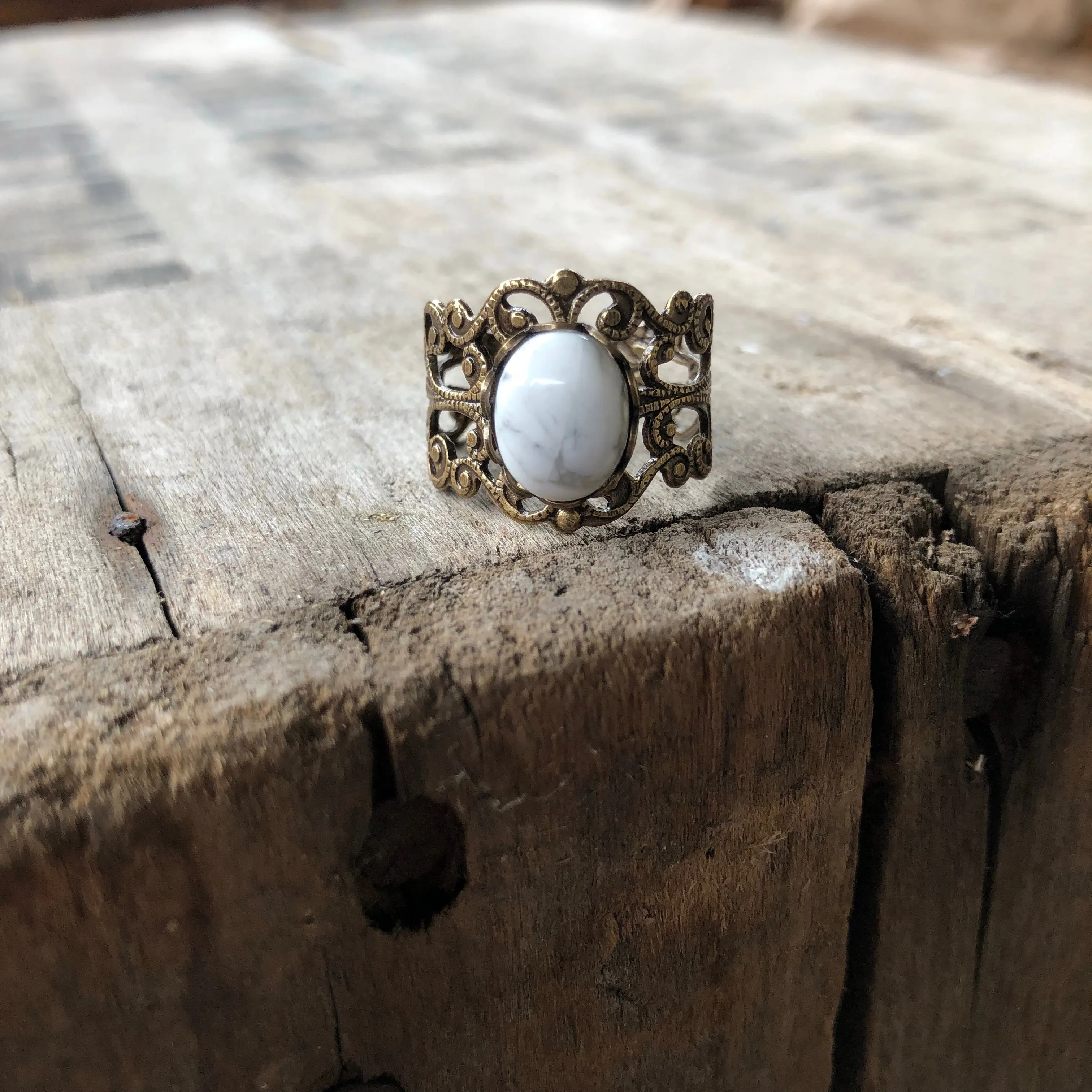 Filigree Ring - White Howlite Stone and Silver