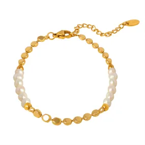 Flat Gold Beads and Freshwater Pearl Bracelet