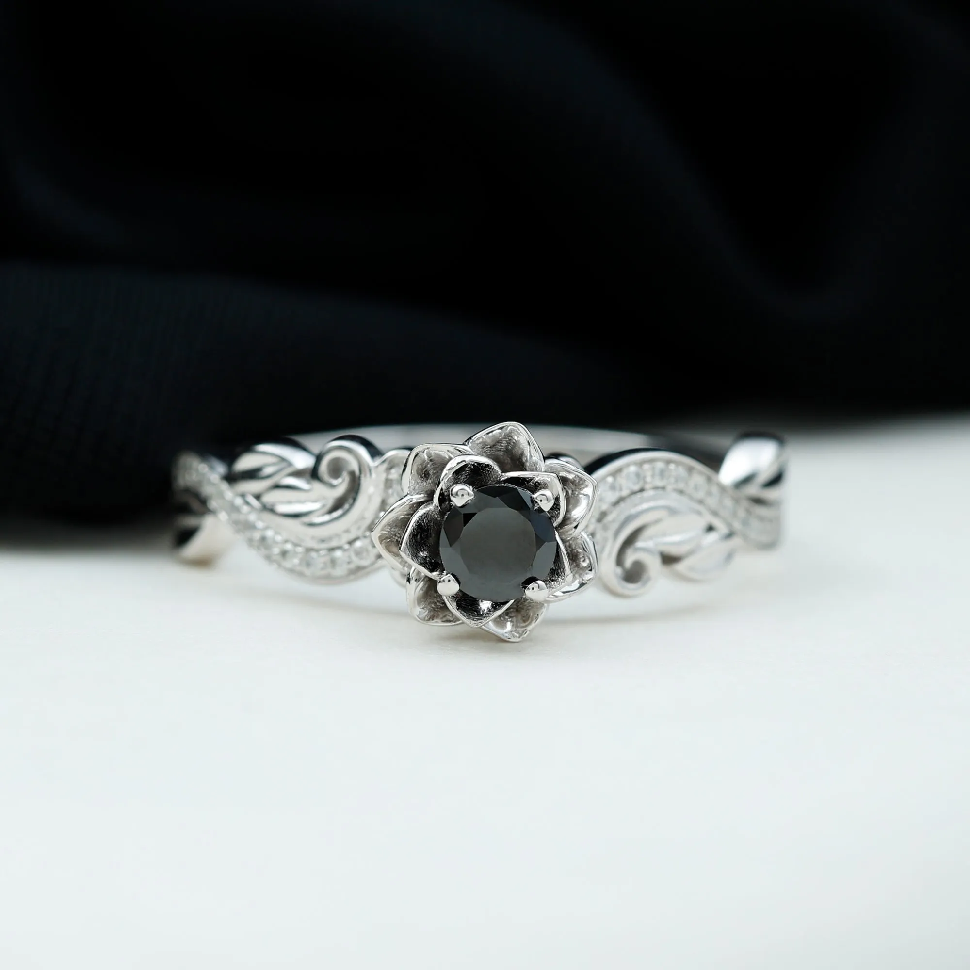 Flower Inspired Black Spinel and Diamond Engagement Ring