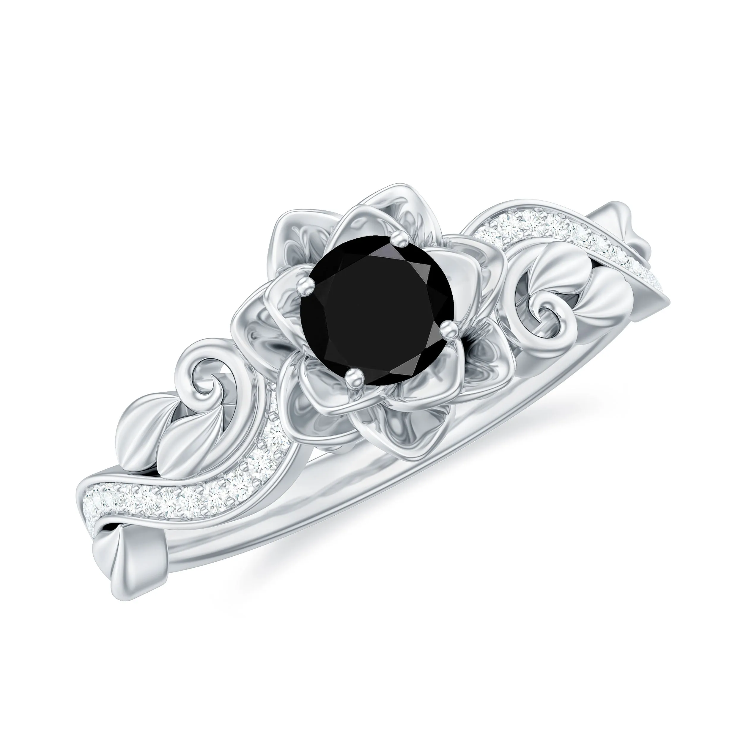 Flower Inspired Black Spinel and Diamond Engagement Ring