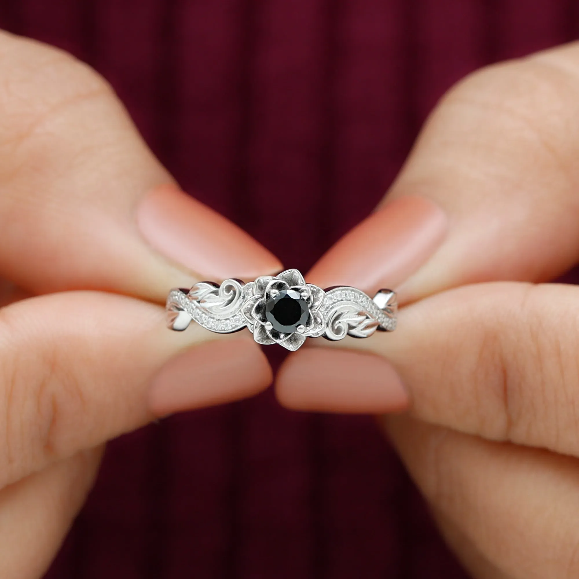 Flower Inspired Black Spinel and Diamond Engagement Ring