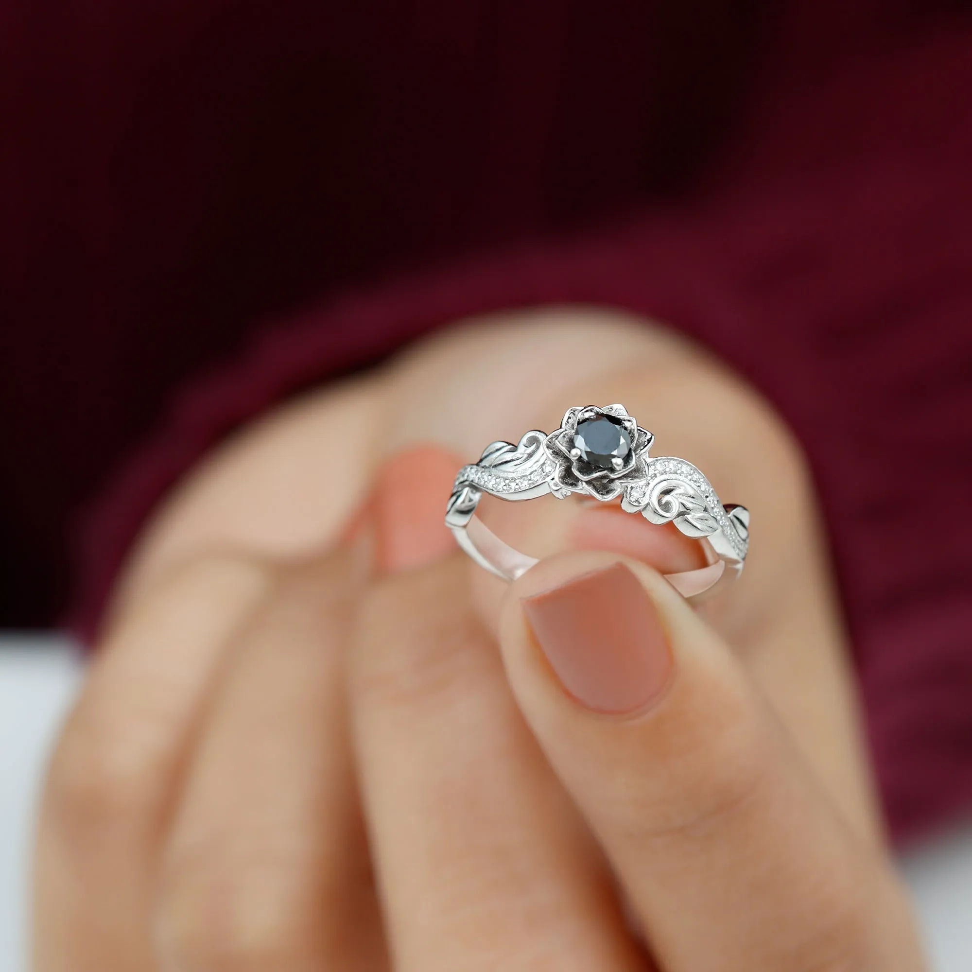 Flower Inspired Black Spinel and Diamond Engagement Ring