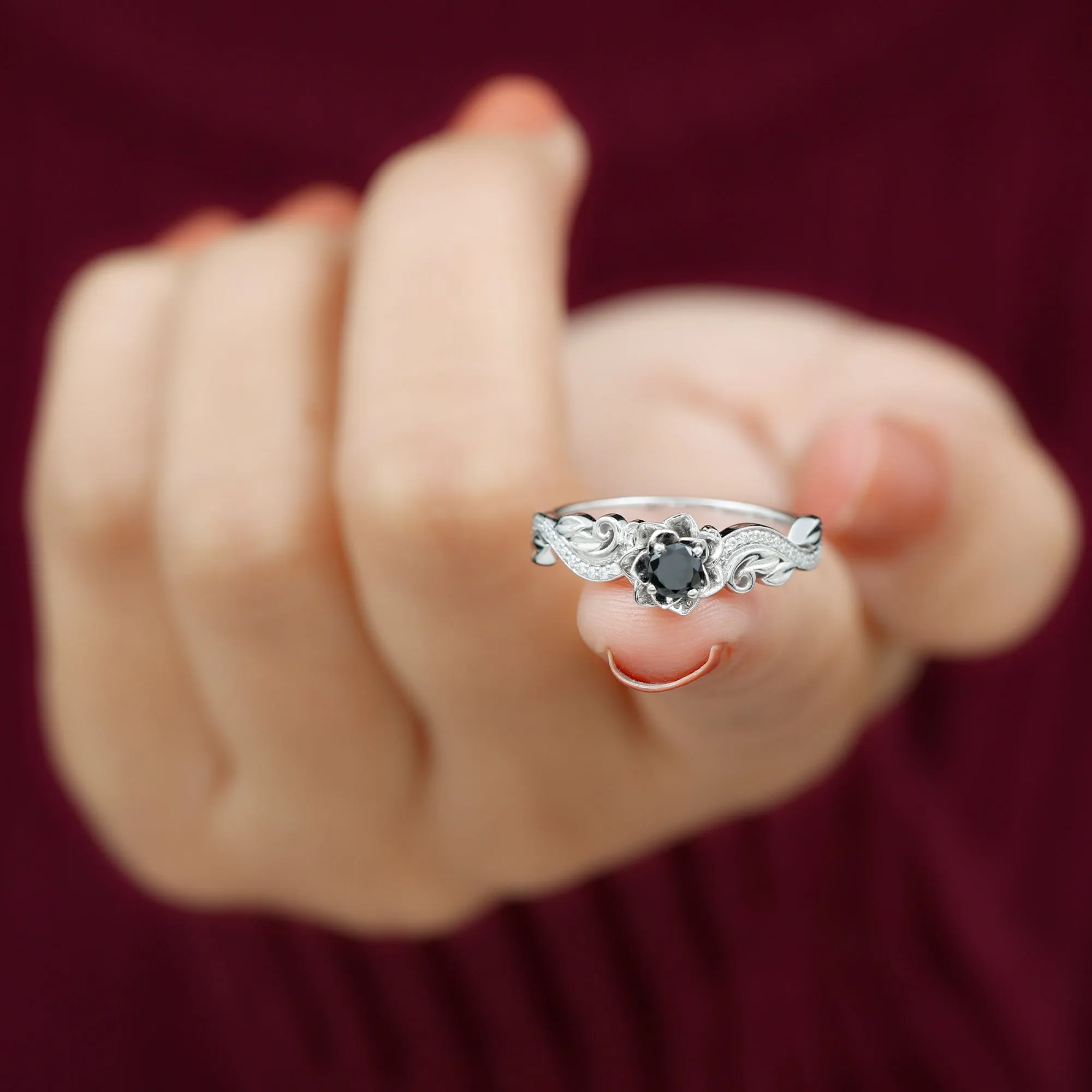 Flower Inspired Black Spinel and Diamond Engagement Ring