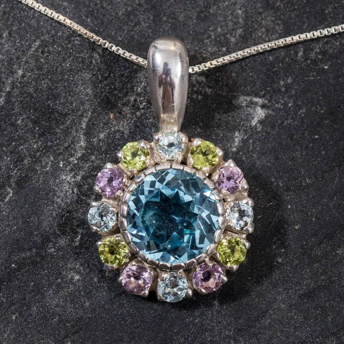 Flower Topaz Pendant - Natural Blue Topaz Necklace - Mothers Birthstone Necklace