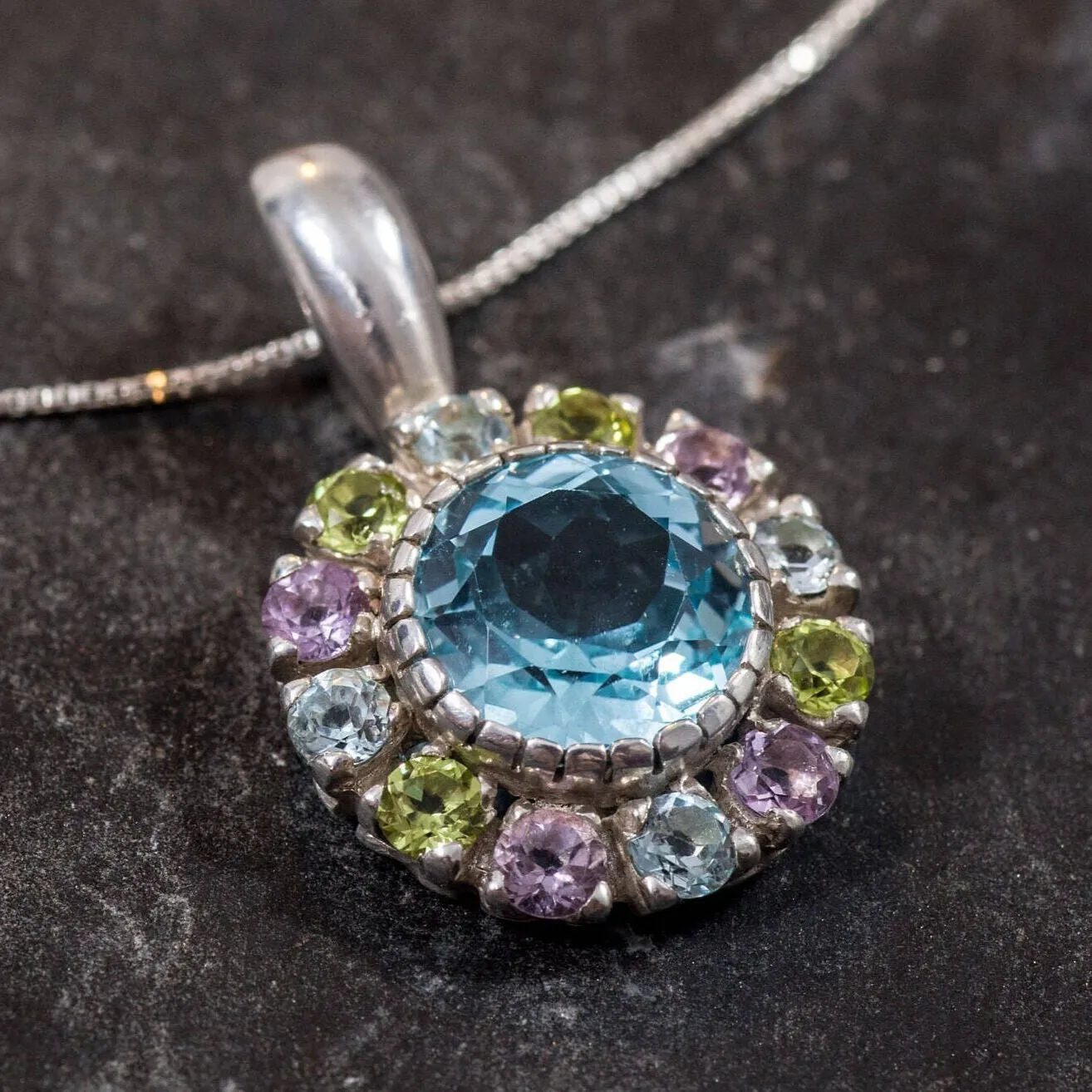 Flower Topaz Pendant - Natural Blue Topaz Necklace - Mothers Birthstone Necklace