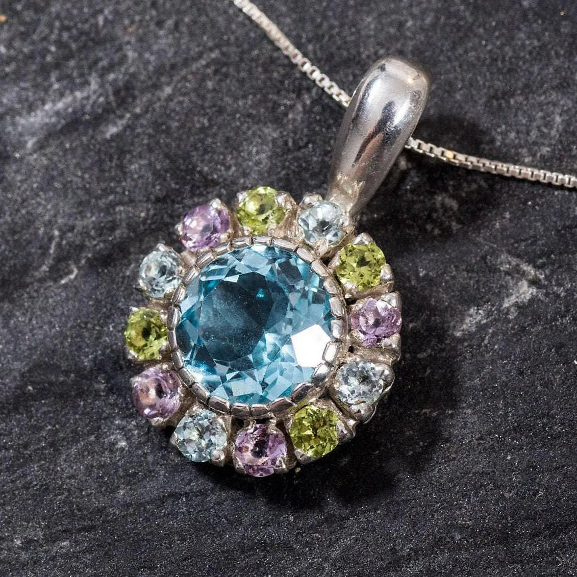 Flower Topaz Pendant - Natural Blue Topaz Necklace - Mothers Birthstone Necklace