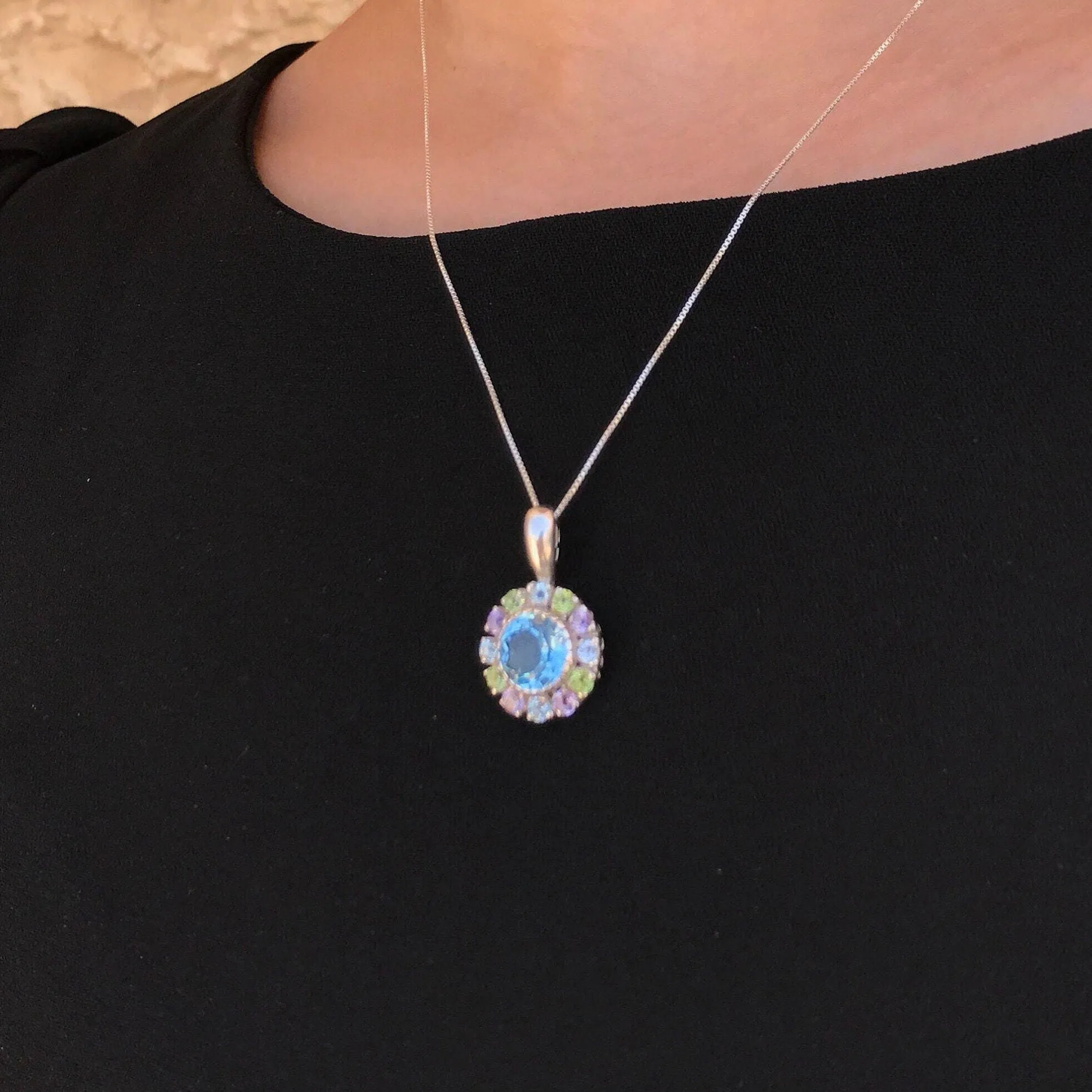 Flower Topaz Pendant - Natural Blue Topaz Necklace - Mothers Birthstone Necklace