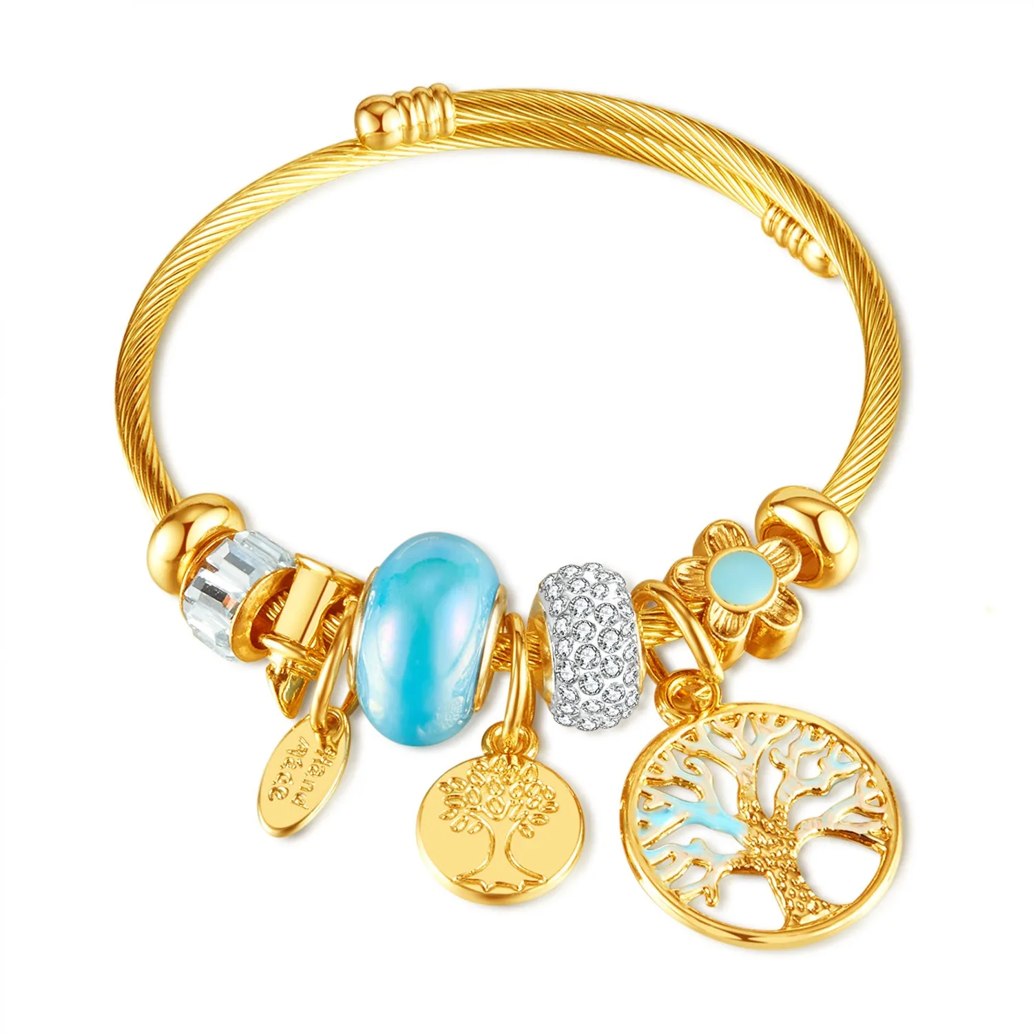 Gold Charm Bracelet for Women with Blue Beads and Tree of Life Charms - Elegant and Stylish Jewelry for Any Occasion