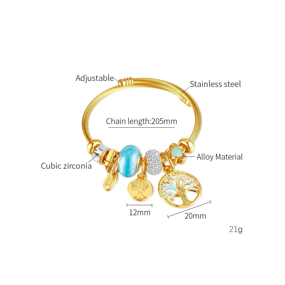 Gold Charm Bracelet for Women with Blue Beads and Tree of Life Charms - Elegant and Stylish Jewelry for Any Occasion