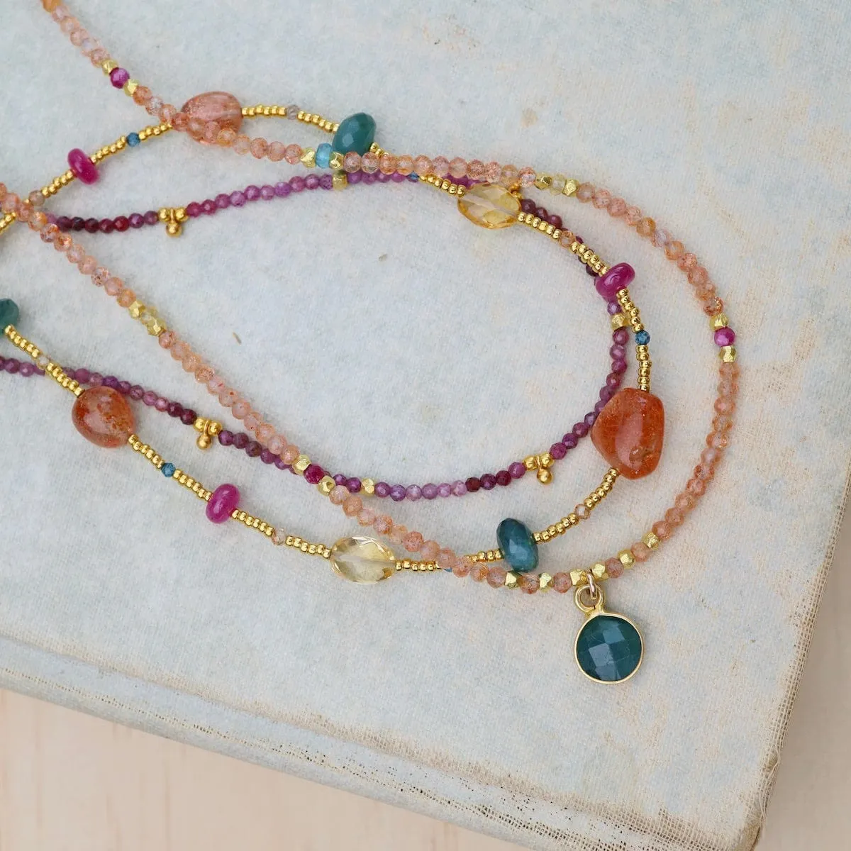 Gold Glass, Sunstone, Grandidierite Ruby Necklace