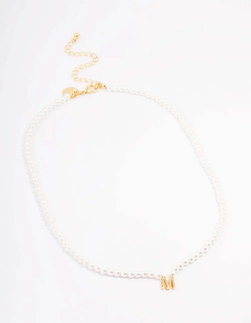 Gold Plated Letter M Initial & Pearl Pendant Necklace