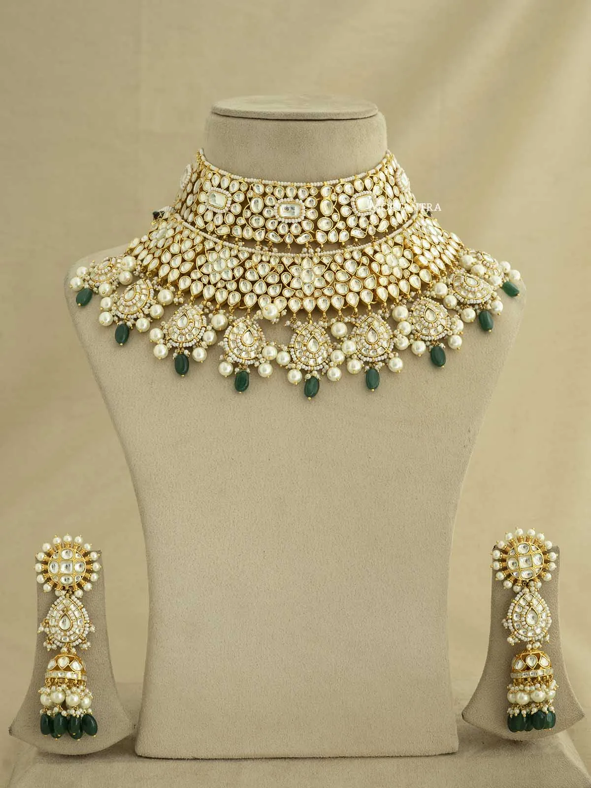 Green Color Gold Plated Jadau Kundan Bridal Necklace Set - MS1786YA