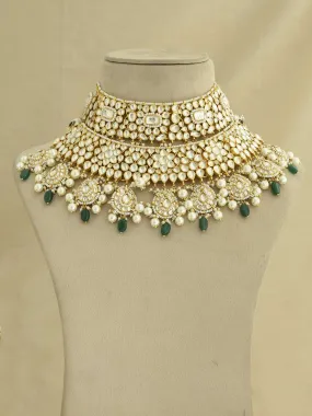 Green Color Gold Plated Jadau Kundan Bridal Necklace Set - MS1786YA