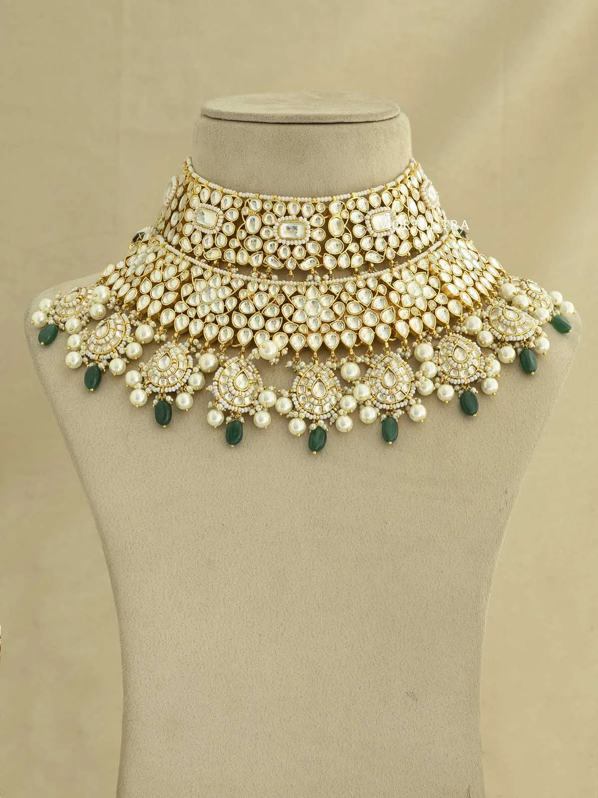 Green Color Gold Plated Jadau Kundan Bridal Necklace Set - MS1786YA