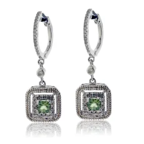 Green Sapphire and Diamond Square Dangle Earrings