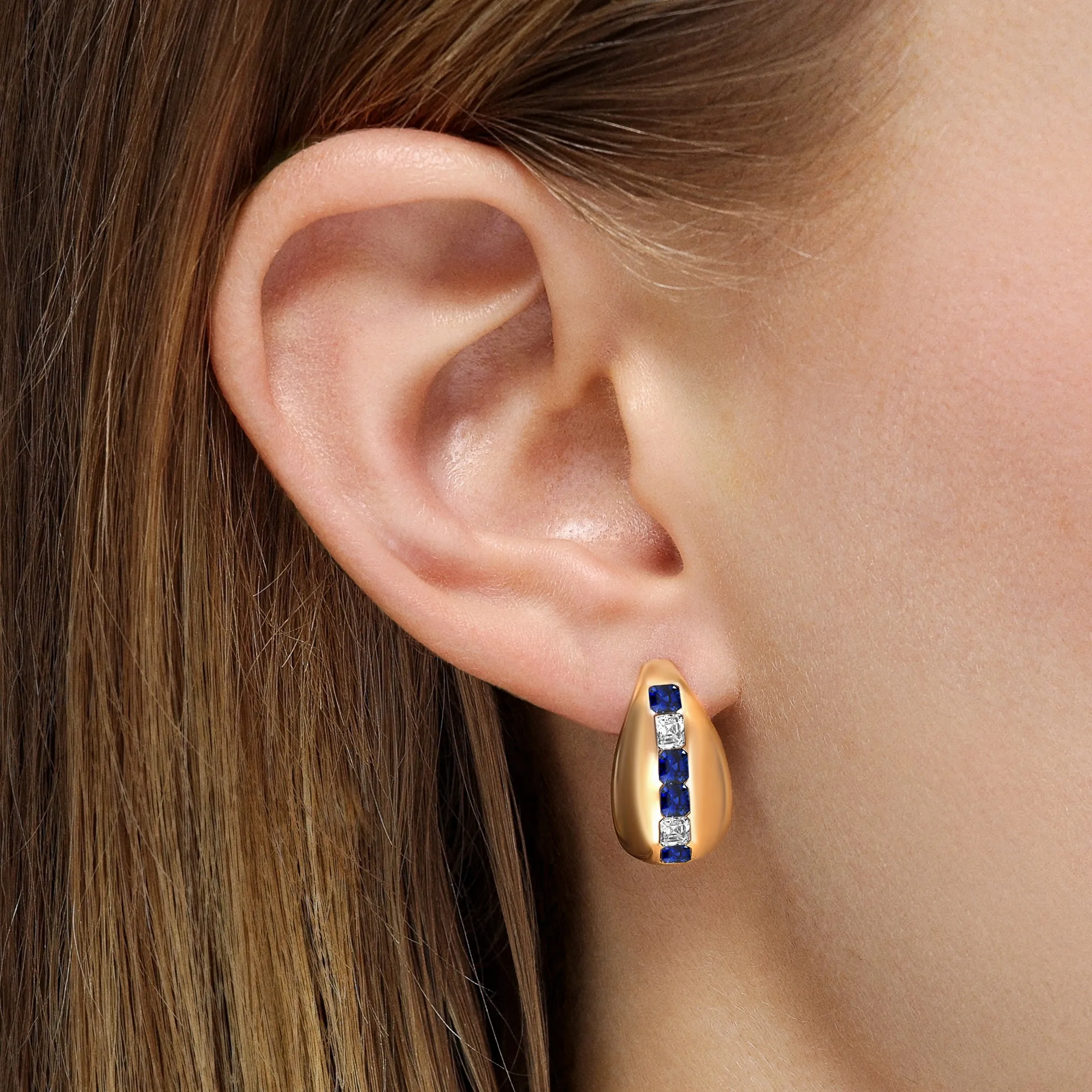 Gypsy Asscher Cut Sapphire and Diamond Huggie Earrings