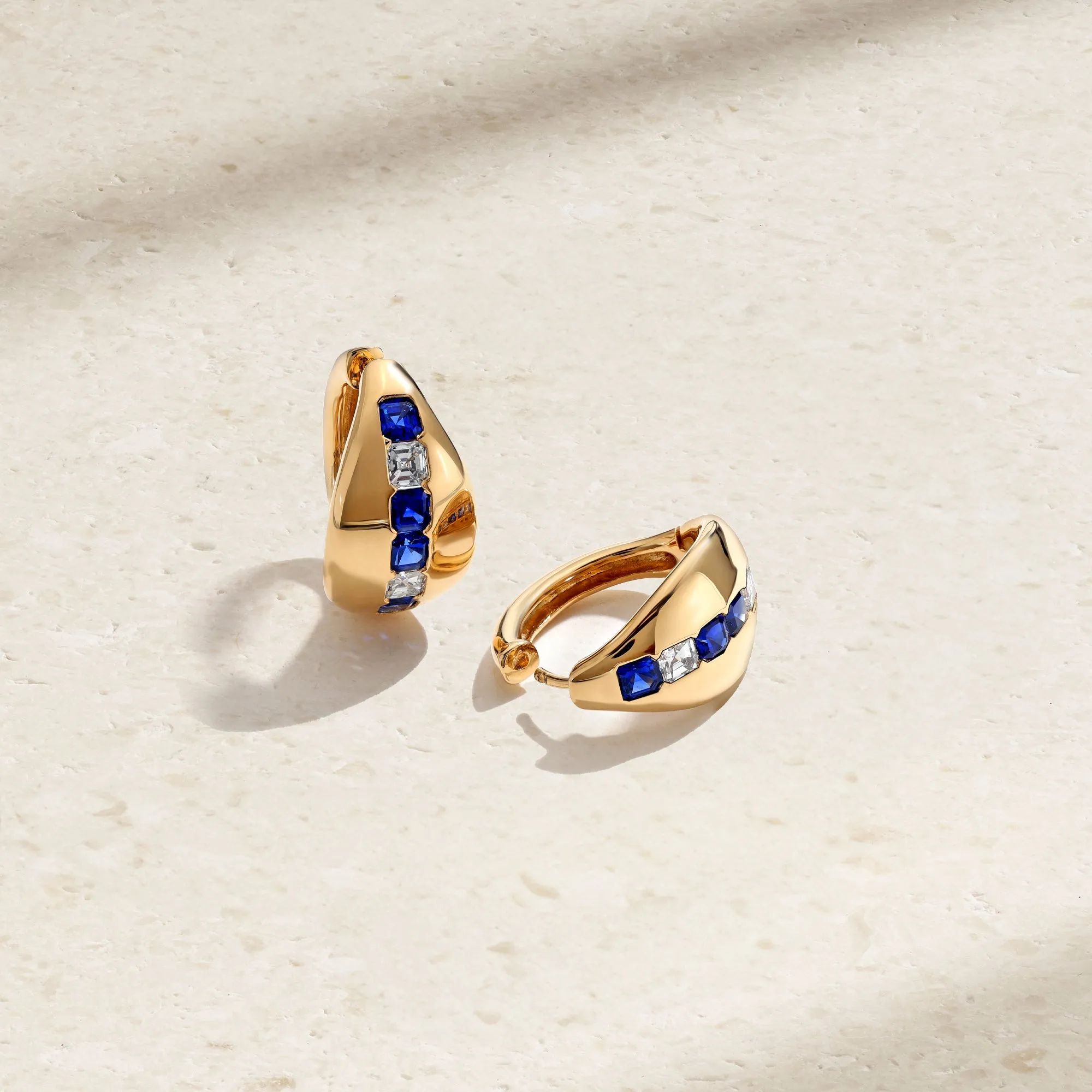 Gypsy Asscher Cut Sapphire and Diamond Huggie Earrings