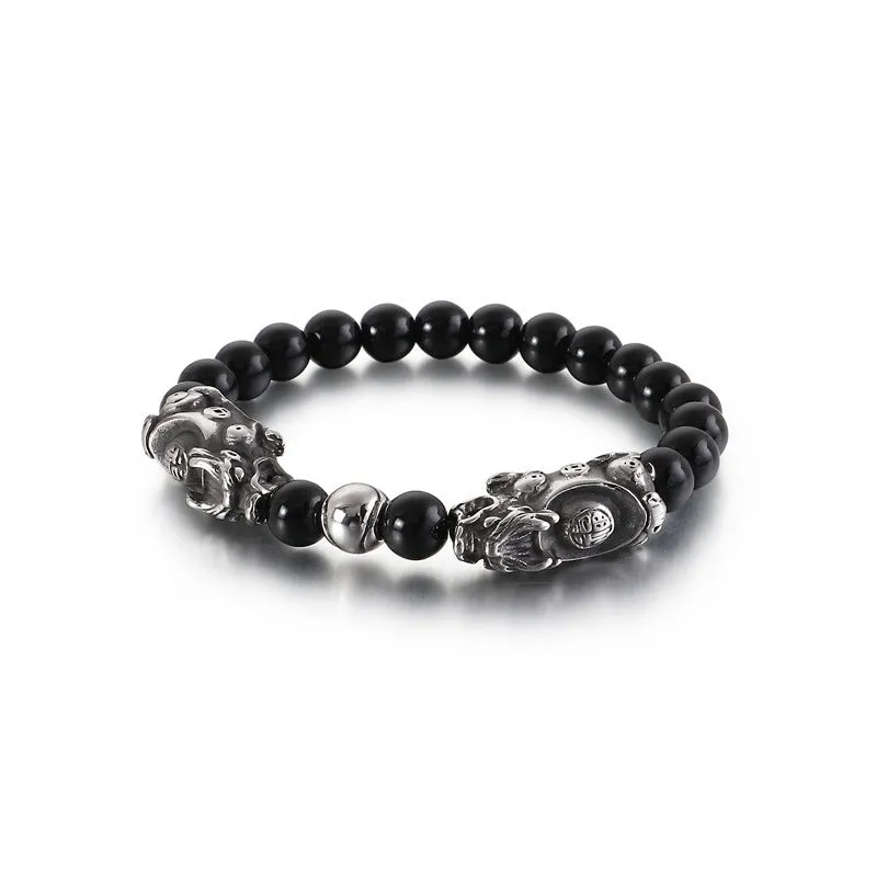 Handcrafted Beaded Pixiu Bracelet for Men - Trendy Titanium Steel Design for Wealth Attraction