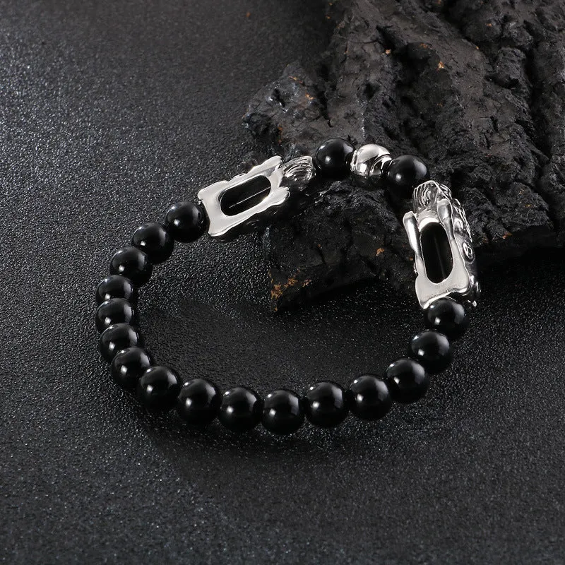 Handcrafted Beaded Pixiu Bracelet for Men - Trendy Titanium Steel Design for Wealth Attraction