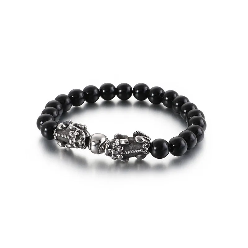 Handcrafted Beaded Pixiu Bracelet for Men - Trendy Titanium Steel Design for Wealth Attraction