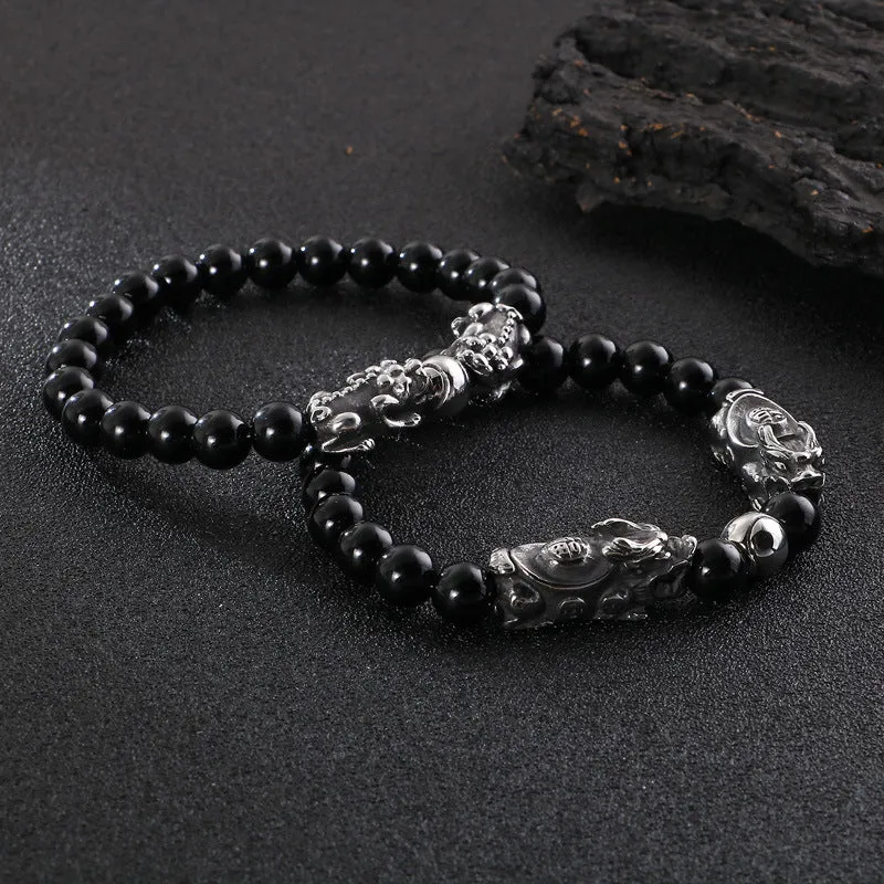 Handcrafted Beaded Pixiu Bracelet for Men - Trendy Titanium Steel Design for Wealth Attraction