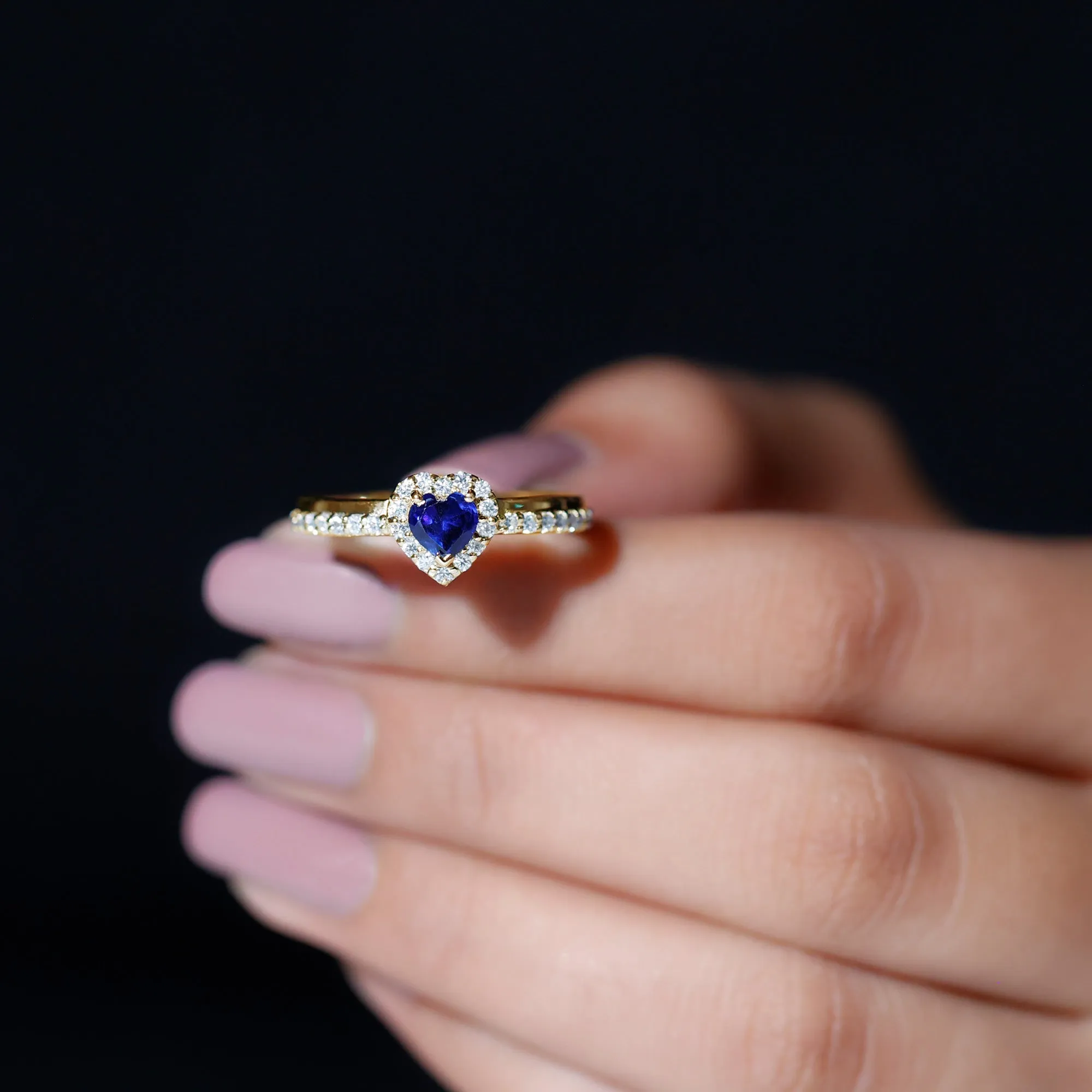 Heart Shaped Created Blue Sapphire Halo Engagement Ring