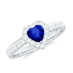 Heart Shaped Created Blue Sapphire Halo Engagement Ring