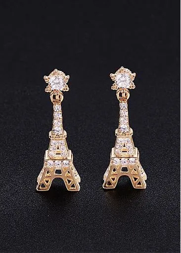 Hot Sale Micro Pave AAA Zirconia Tower, Golden 18K Gold Plated Stud Earrings