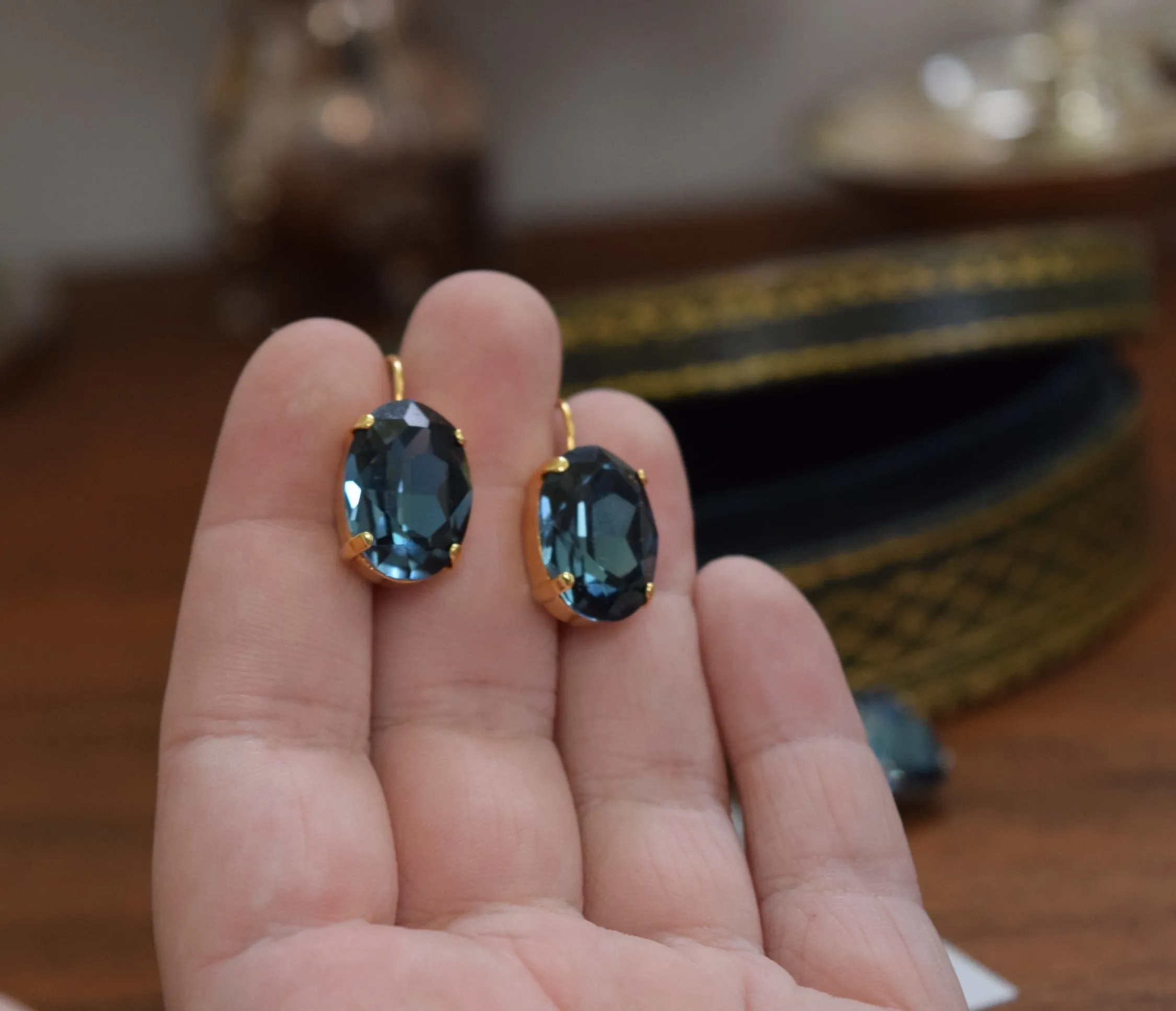 Indian Sapphire Aurora Crystal Earrings - Large Oval or Large Teardrop