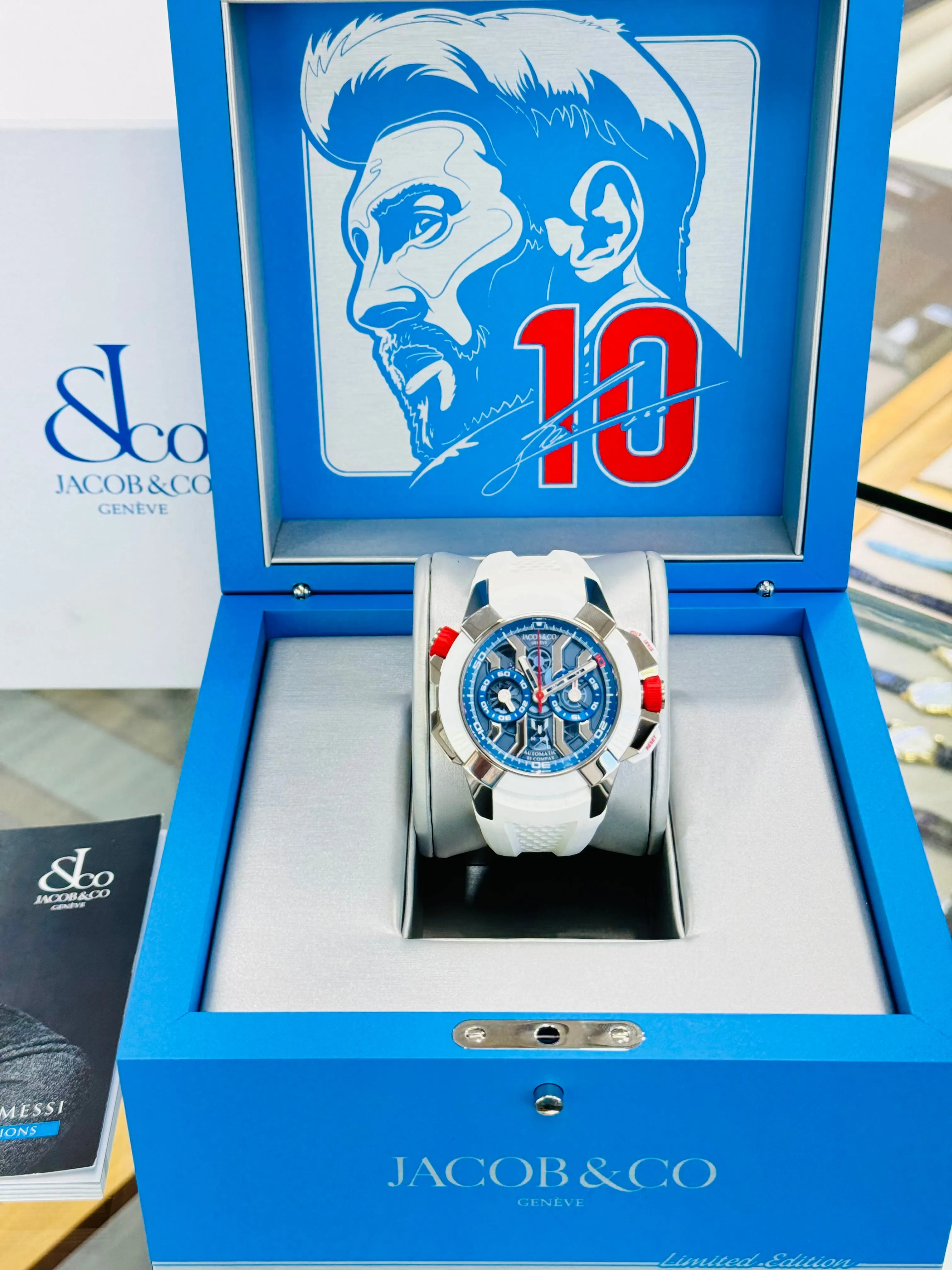 Jacob & Co. Epic X Chrono Messi 47 EC313.20.PE.LL.K Titanium Blue Dial Box and Papers