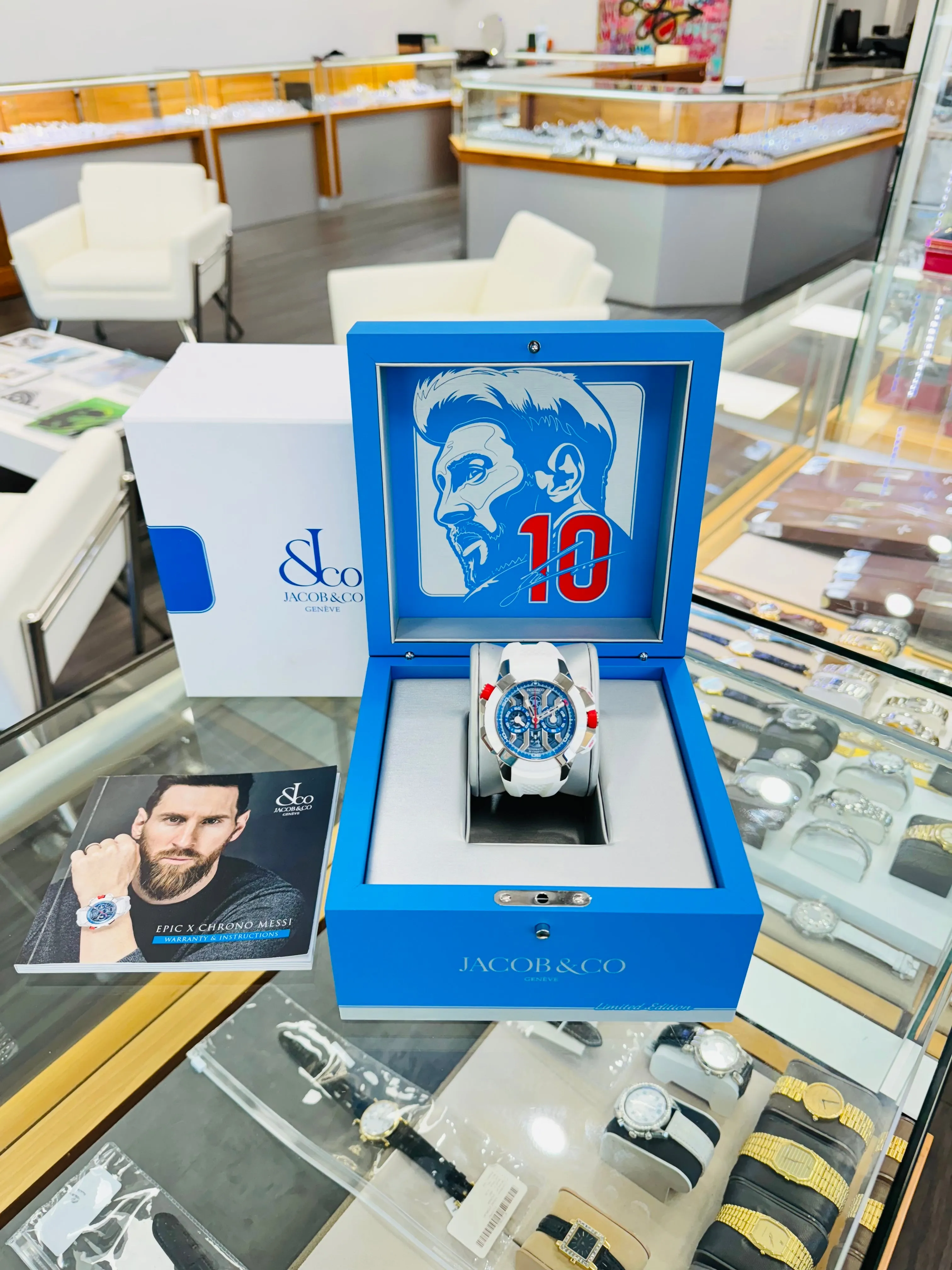 Jacob & Co. Epic X Chrono Messi 47 EC313.20.PE.LL.K Titanium Blue Dial Box and Papers