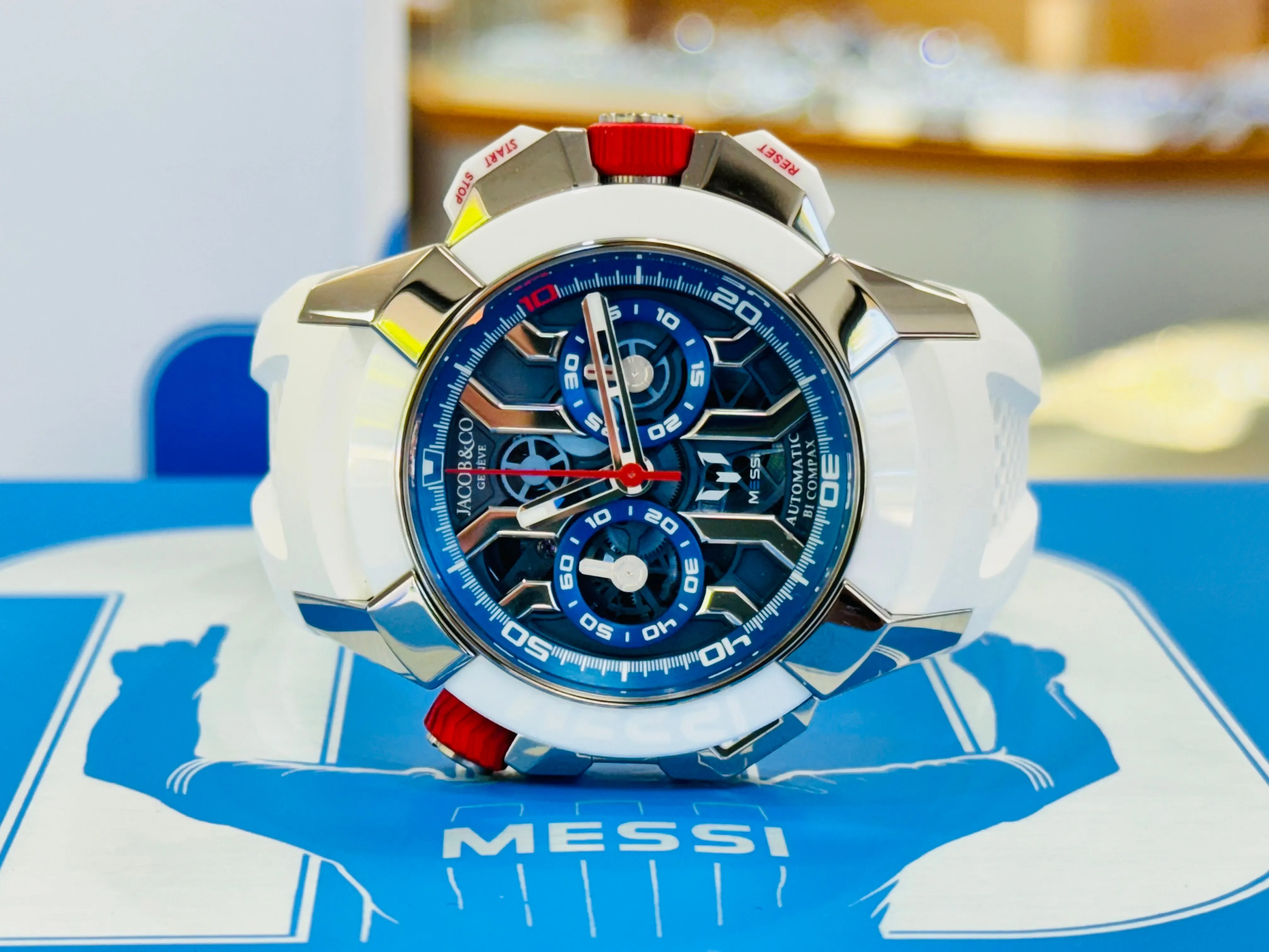 Jacob & Co. Epic X Chrono Messi 47 EC313.20.PE.LL.K Titanium Blue Dial Box and Papers