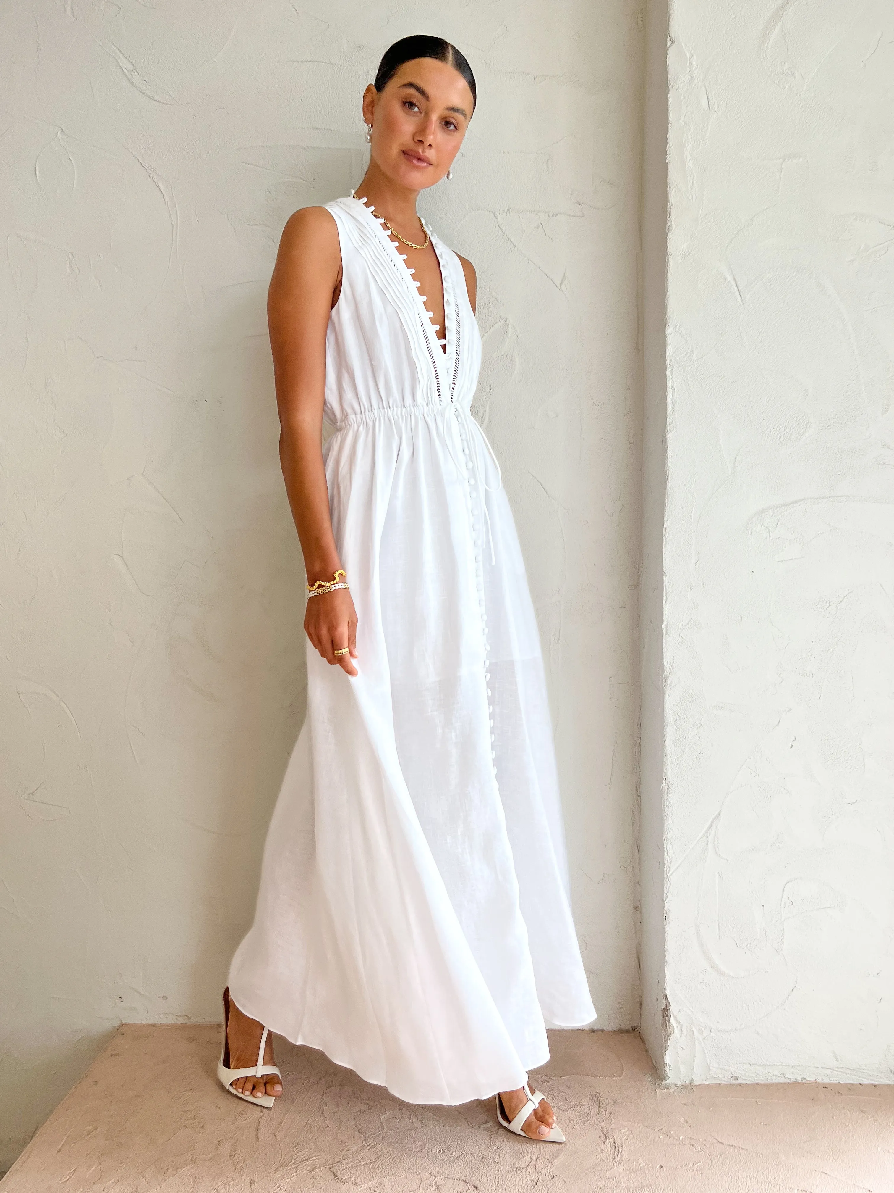 Joslin Melinda Linen Ramie Sleeveless Maxi Dress in Optical White