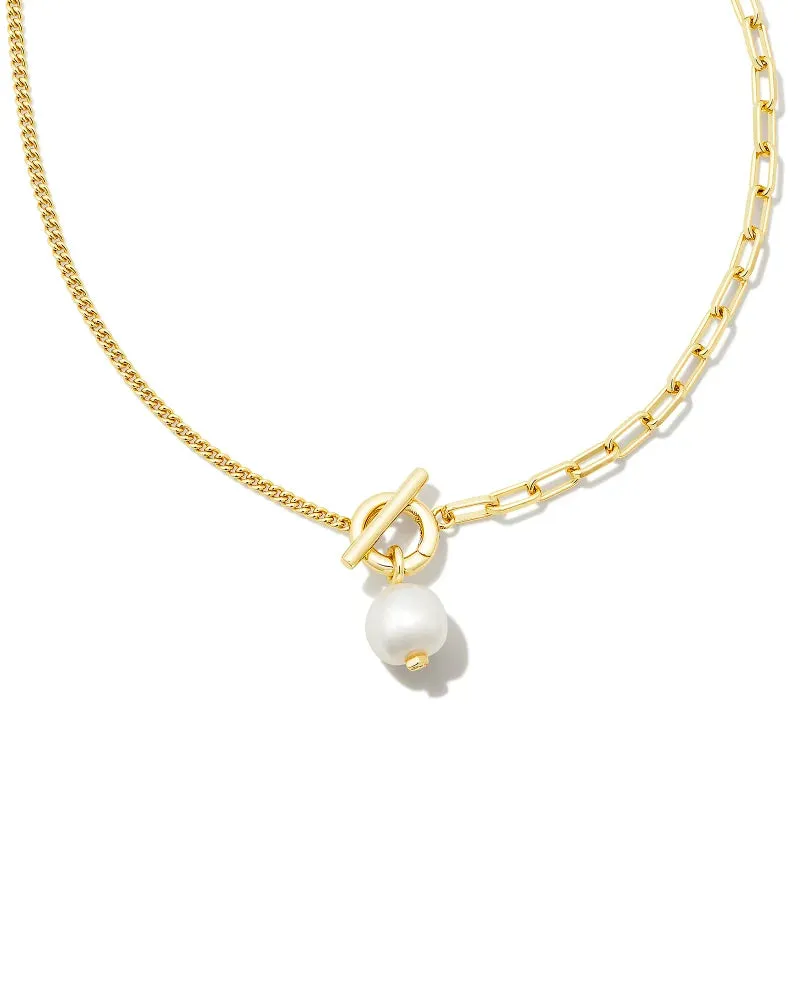 Kendra Scott Leighton Convertible Gold Pearl Chain Necklace in White Pearl