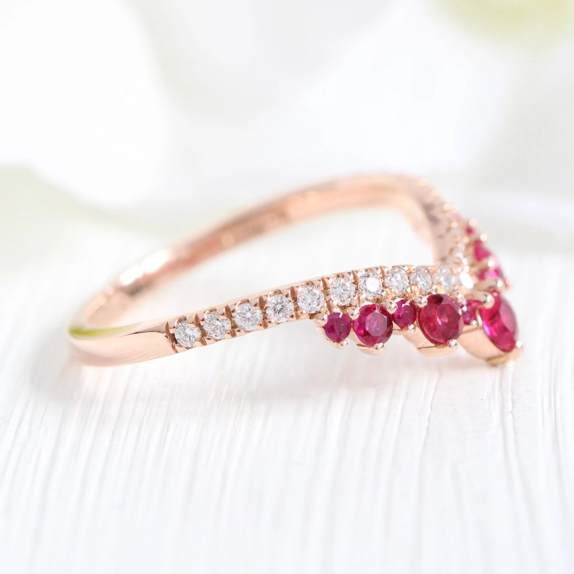 Large Tiara Diamond Ruby Ring in Deep V Shaped Wedding Band