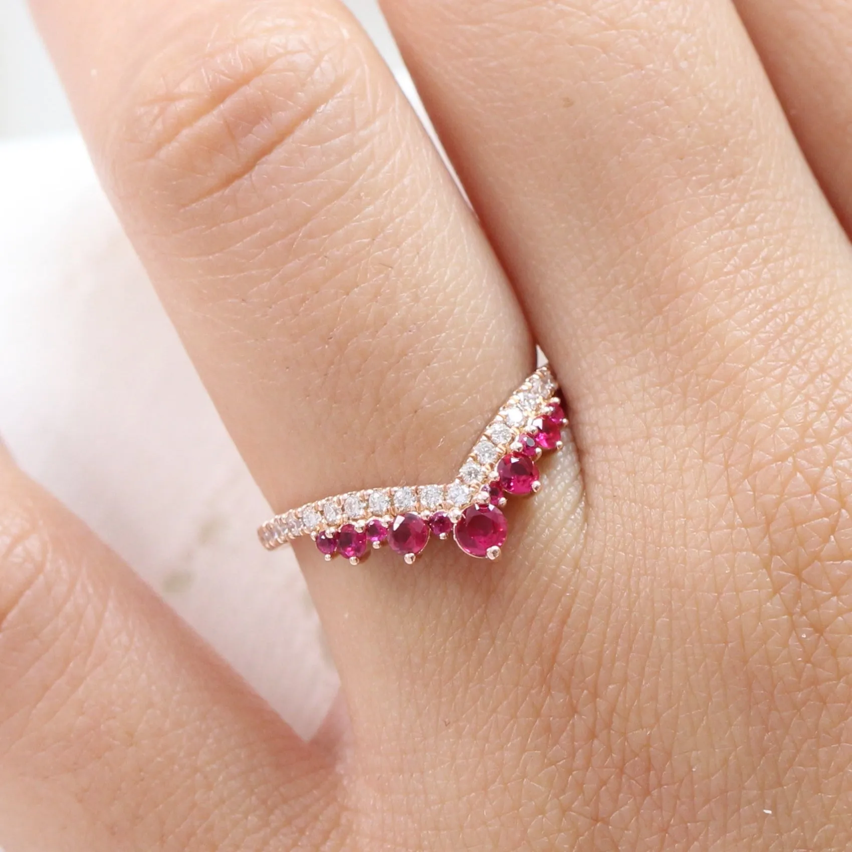 Large Tiara Diamond Ruby Ring in Deep V Shaped Wedding Band