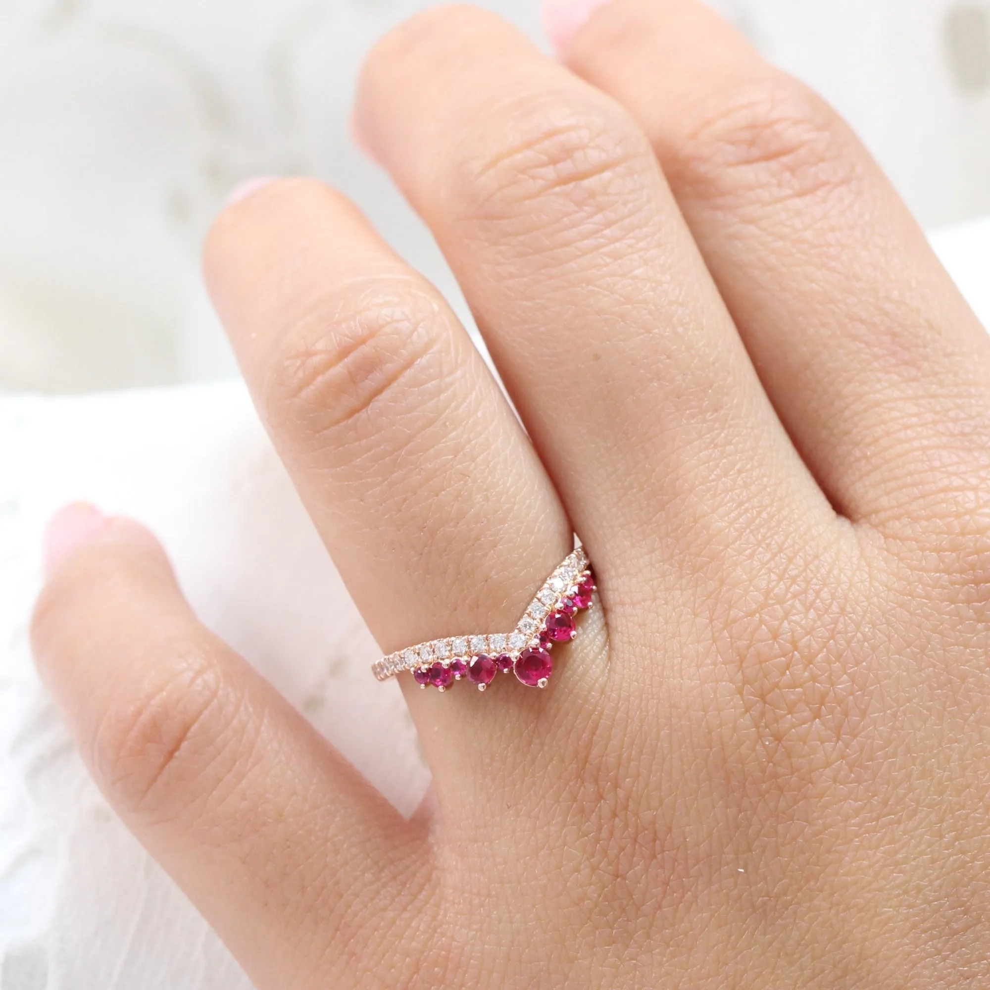 Large Tiara Diamond Ruby Ring in Deep V Shaped Wedding Band