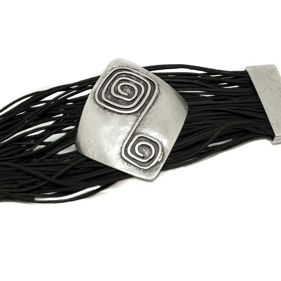 Leather & Pewter Bracelet with Square Detailed Disc