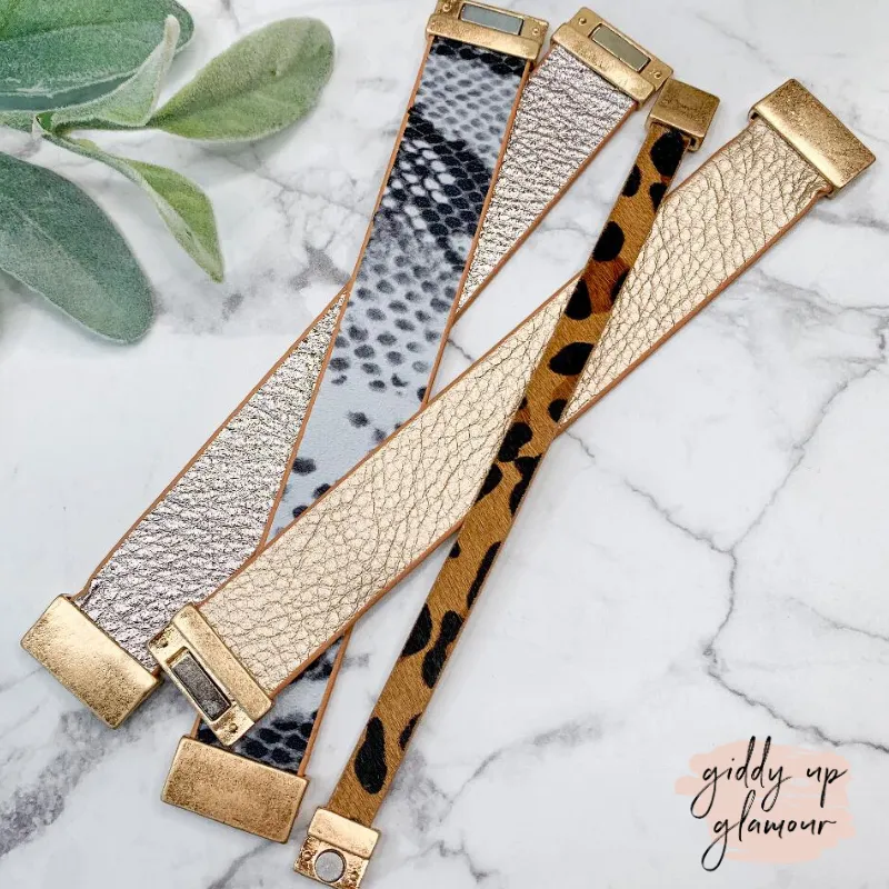 Leather Bracelet with Magnetic Clasp in Champagne