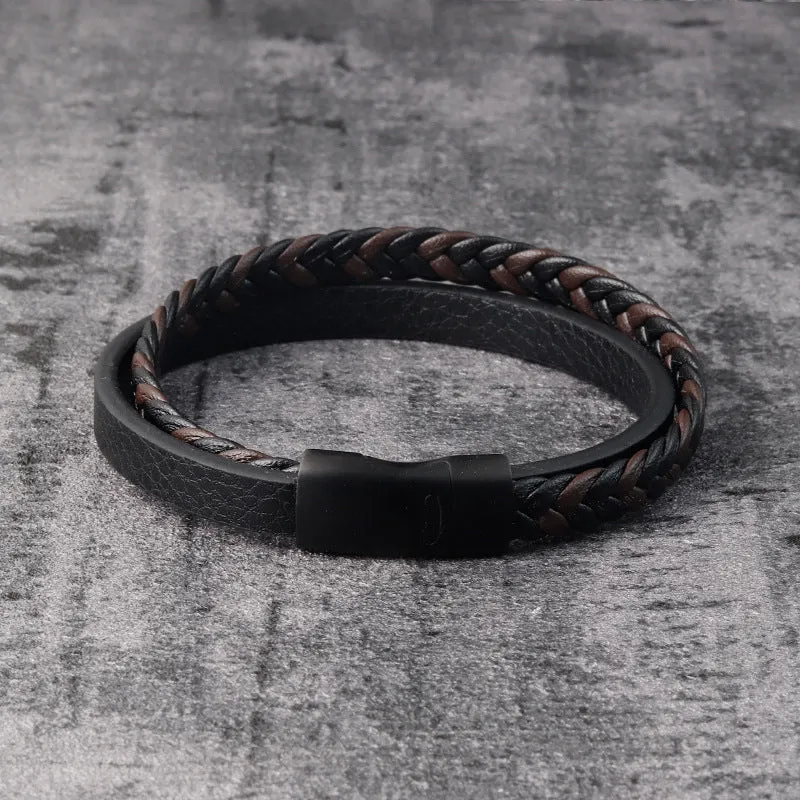 Leather Cord Stainless Steel Braided Bracelet Black Men