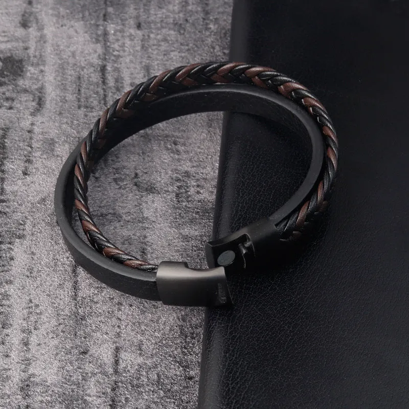 Leather Cord Stainless Steel Braided Bracelet Black Men