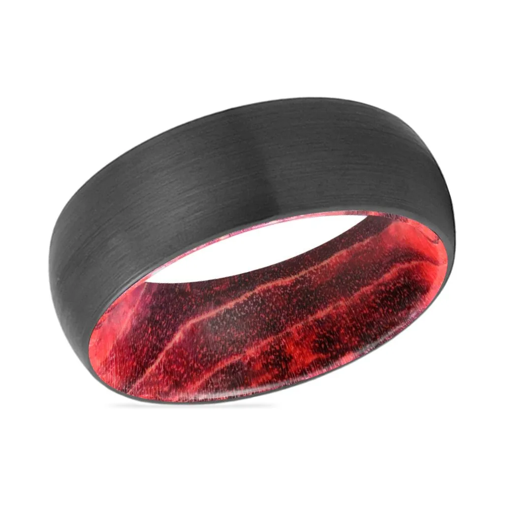 LUCAS | Black & Red Wood, Black Tungsten Ring, Brushed, Domed