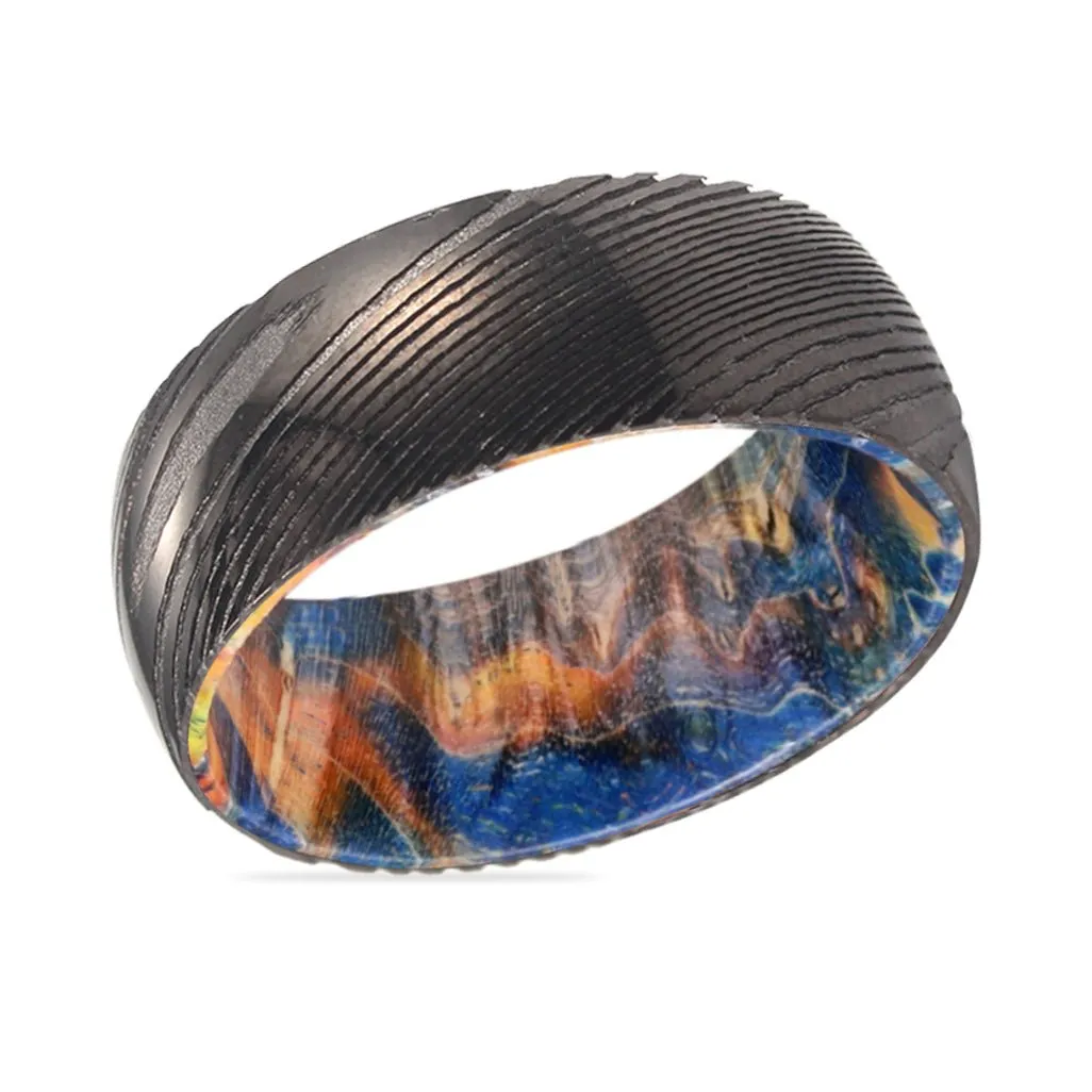 LUKE | Blue & Yellow/Orange Wood, Gunmetal Damascus Steel Ring, Domed