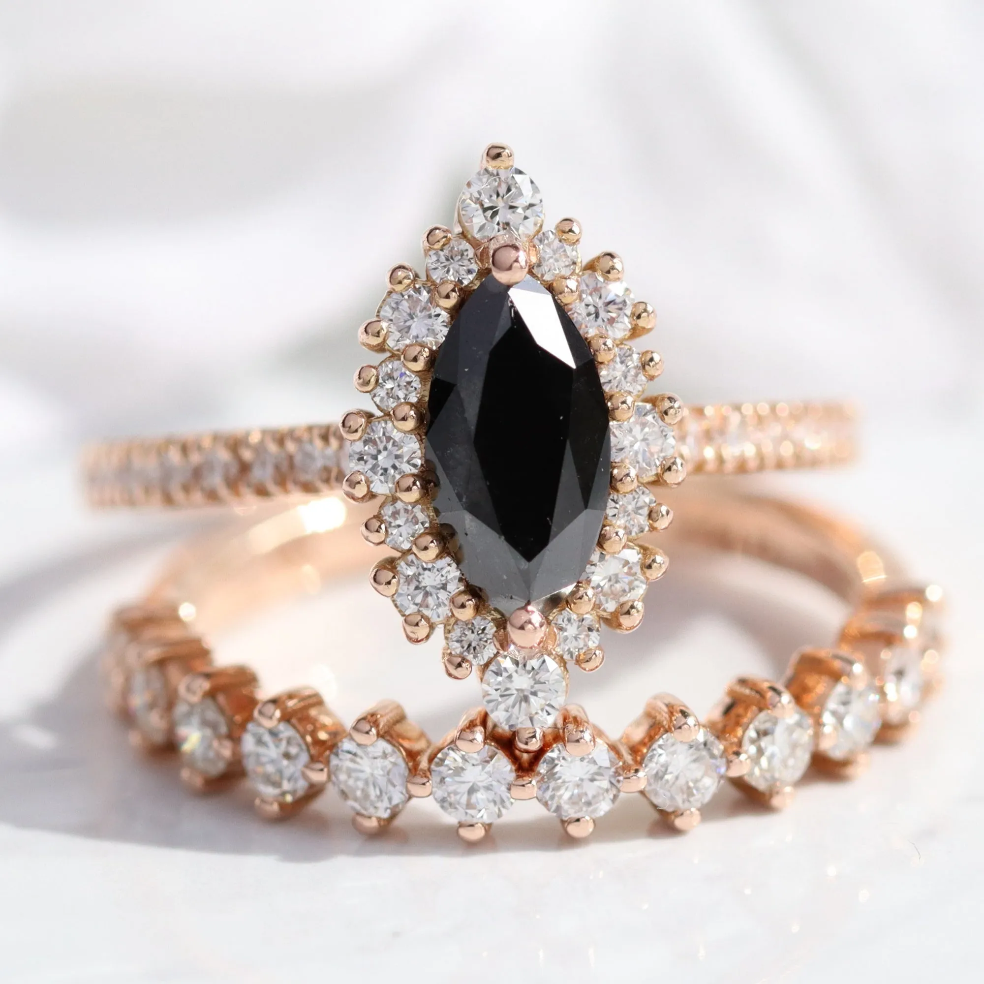 Marquise Black Diamond Ring in Tiara Halo Pave Band