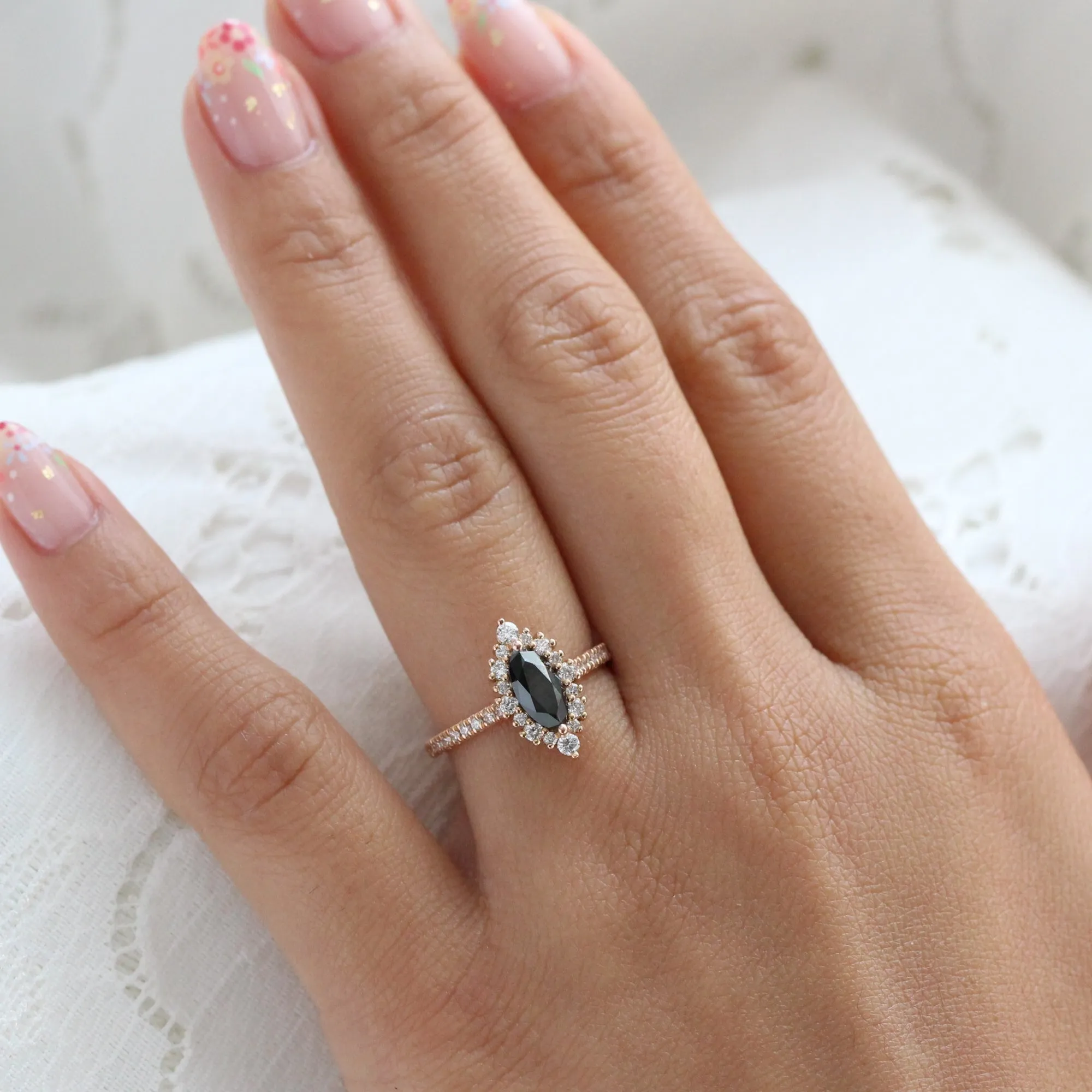 Marquise Black Diamond Ring in Tiara Halo Pave Band