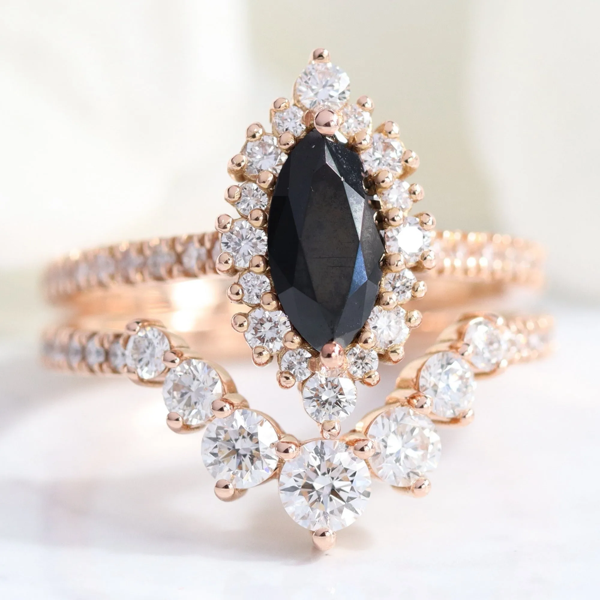 Marquise Black Diamond Ring in Tiara Halo Pave Band