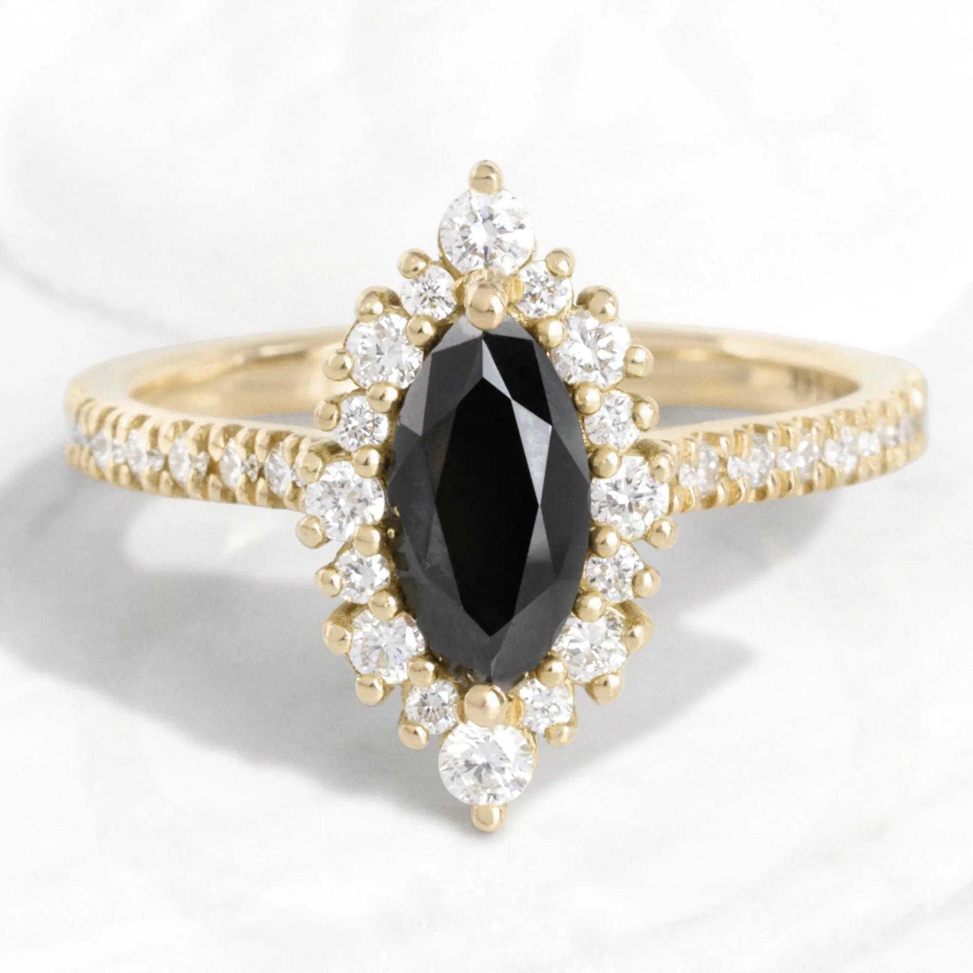 Marquise Black Diamond Ring in Tiara Halo Pave Band