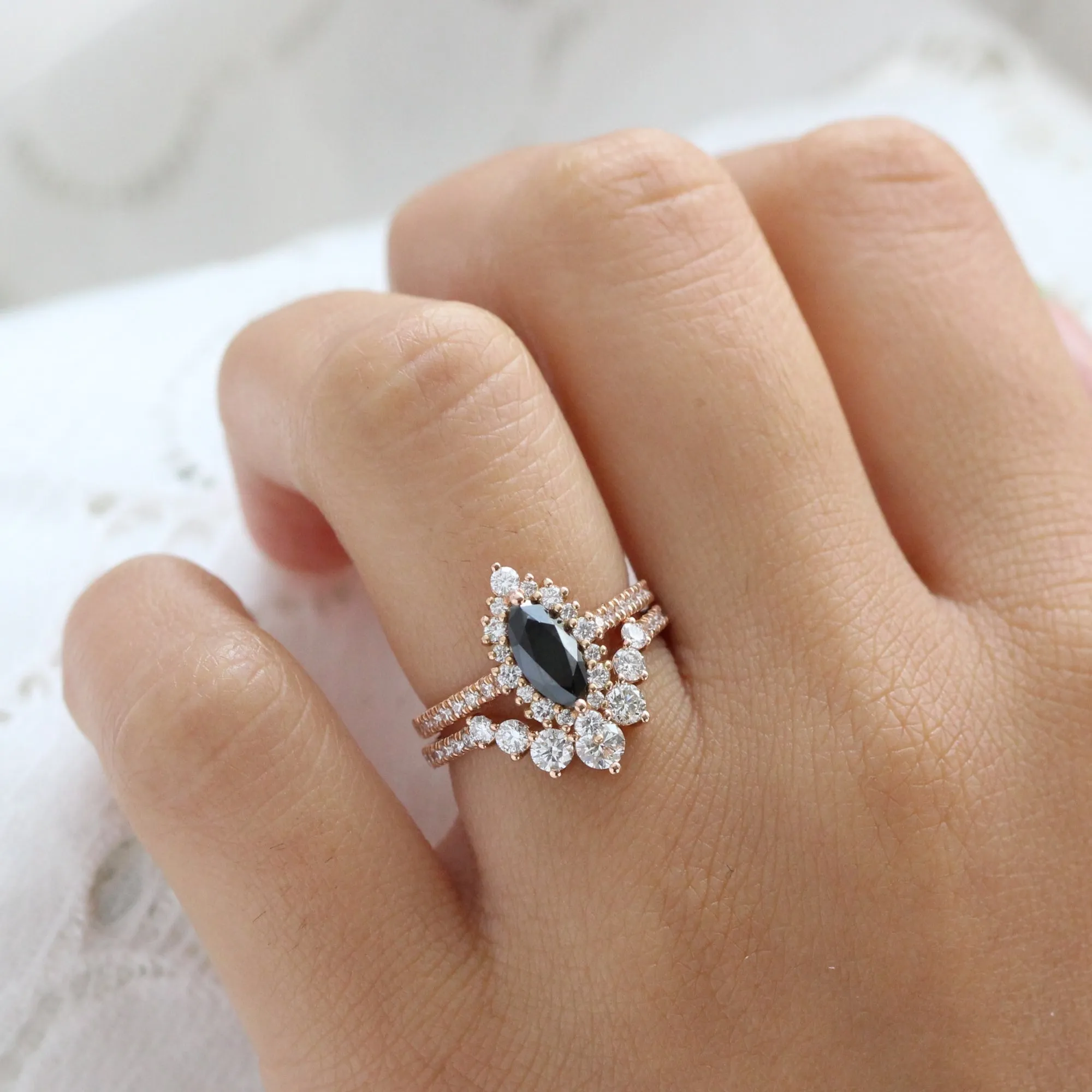 Marquise Black Diamond Ring in Tiara Halo Pave Band