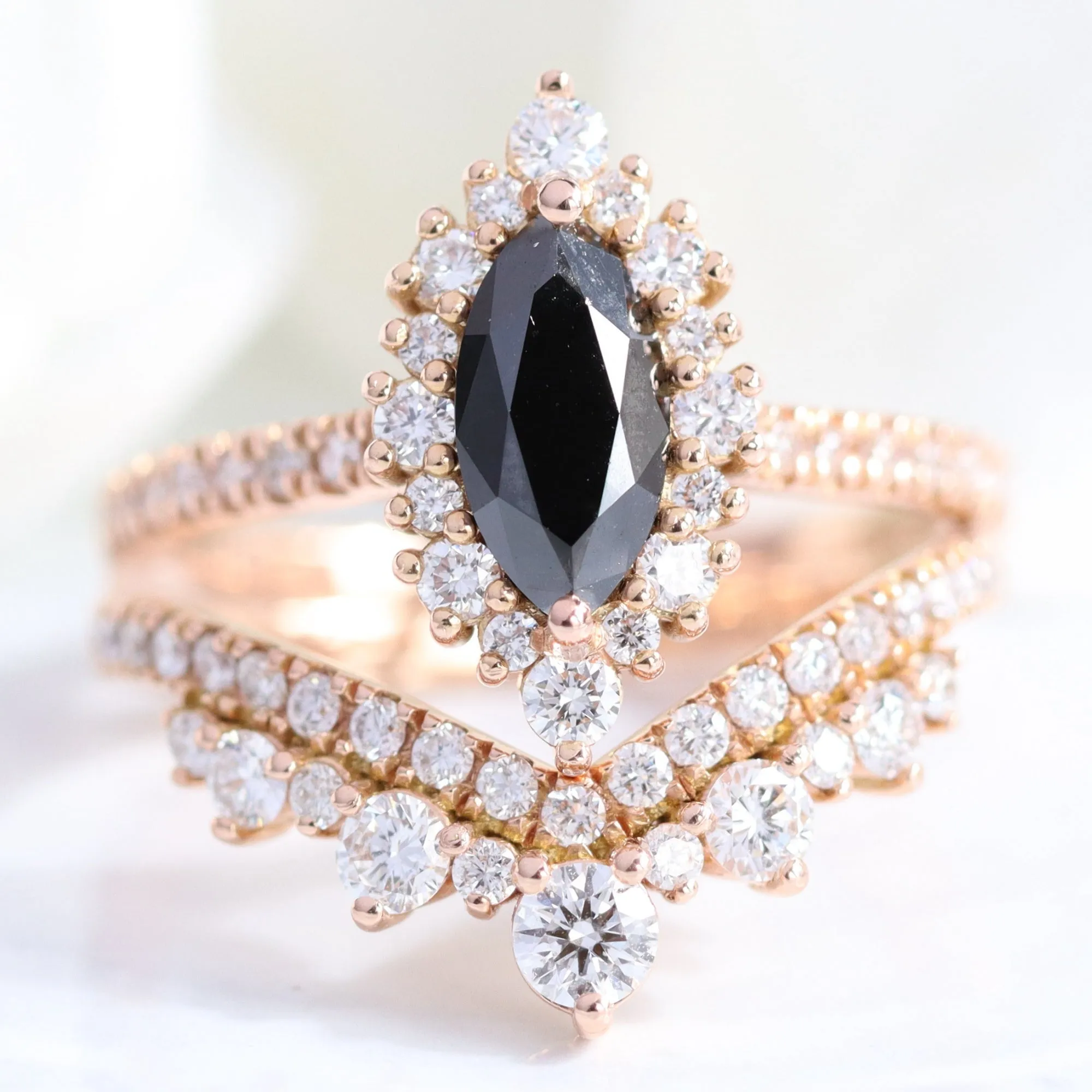 Marquise Black Diamond Ring in Tiara Halo Pave Band